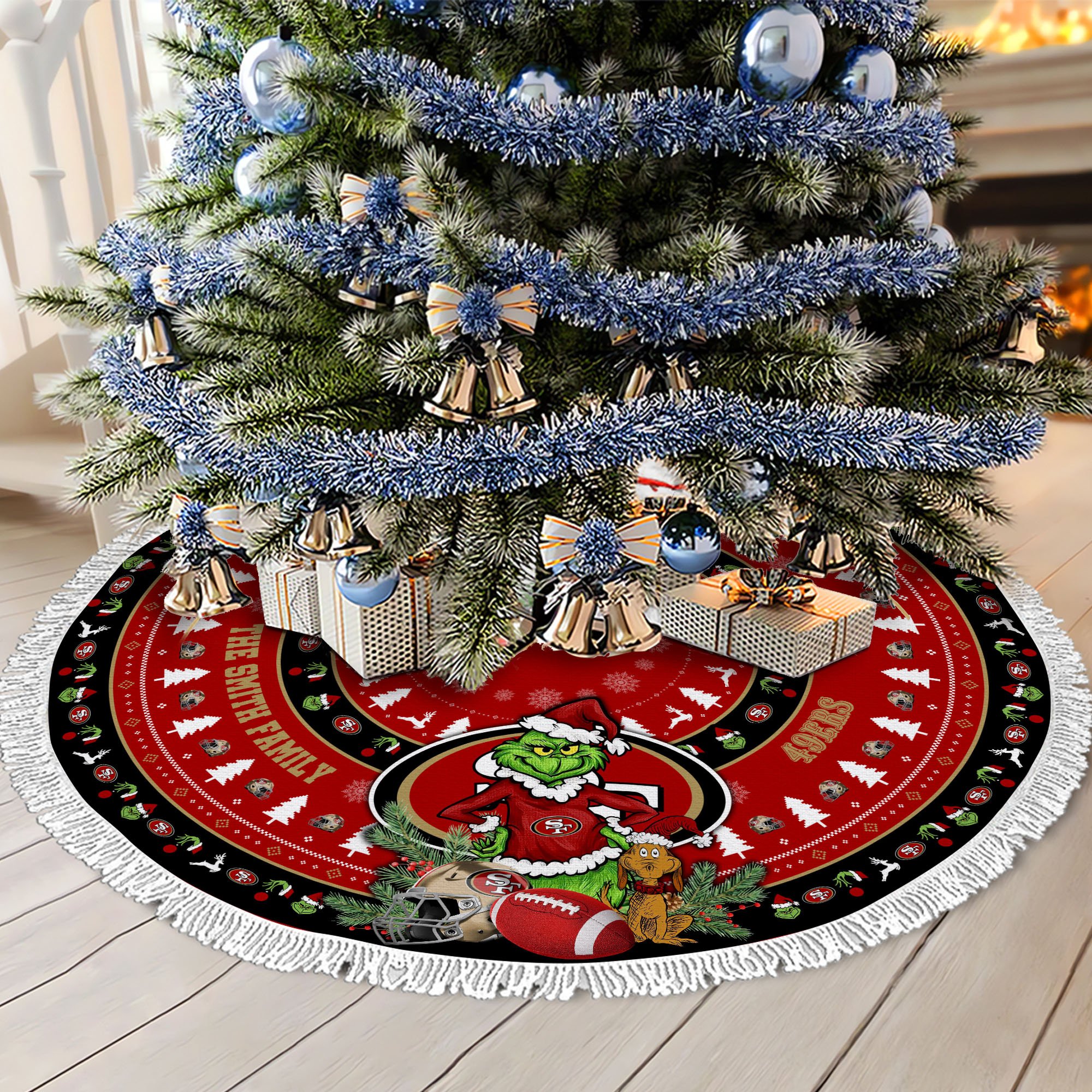 San Francisco 49ers Tree Skirt Bordered Custom Family Name 2024 Version, Christmas Tree Skirt For Sport Fans, Christmas Decorations EHIVM-62734