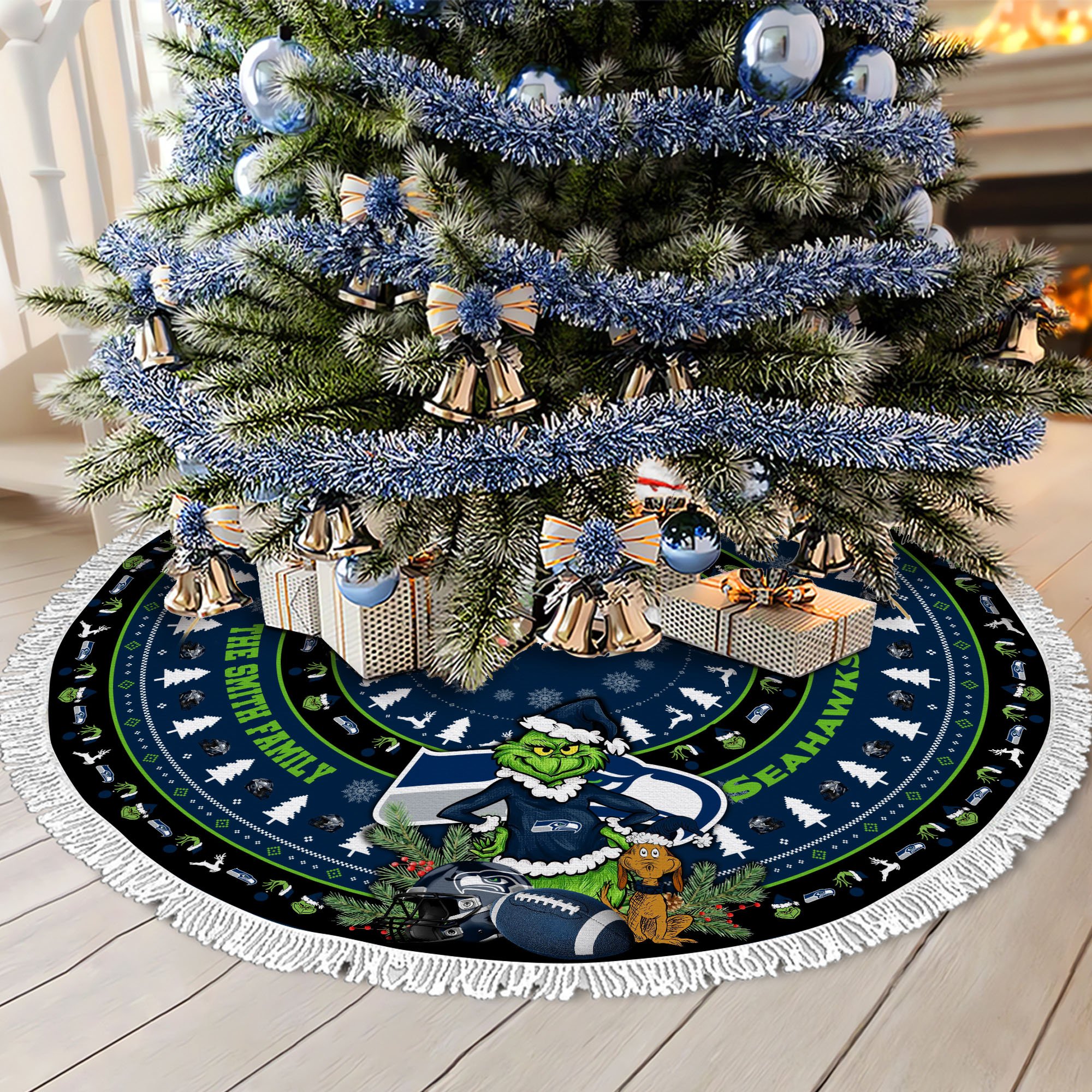 Seattle Seahawks Tree Skirt Bordered Custom Family Name 2024 Version, Christmas Tree Skirt For Sport Fans, Christmas Decorations EHIVM-62734