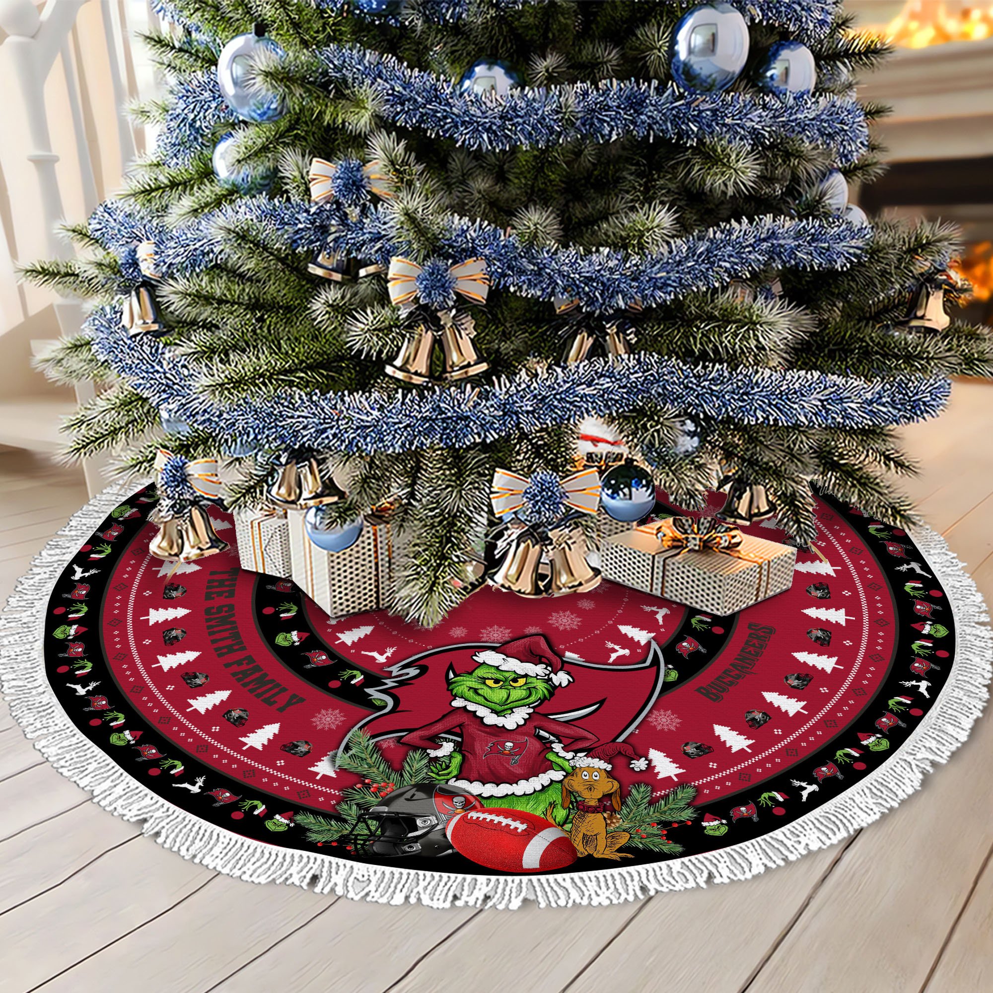 Tampa Bay Buccaneers Tree Skirt Bordered Custom Family Name 2024 Version, Christmas Tree Skirt For Sport Fans, Christmas Decorations EHIVM-62734