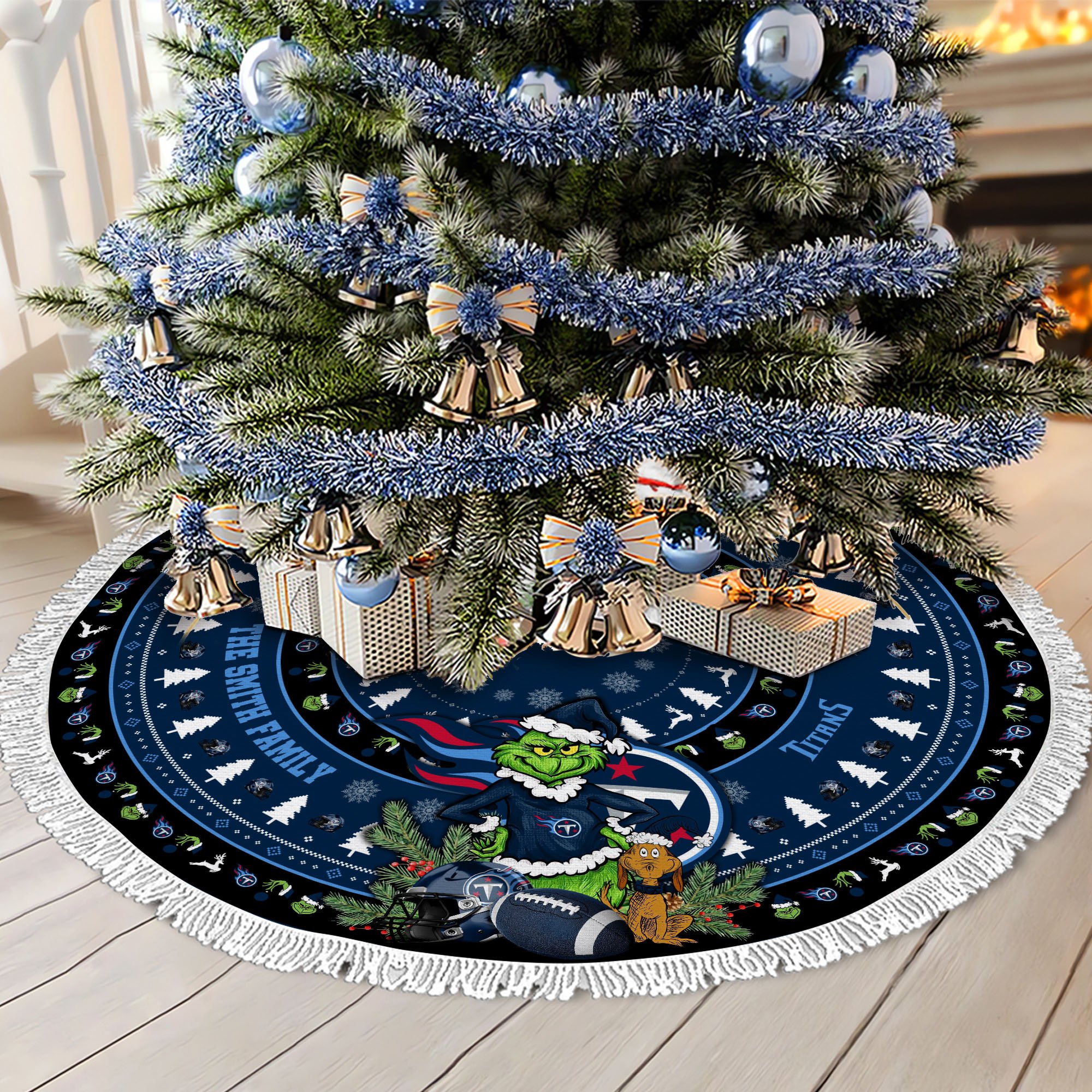 Tennessee Titans Tree Skirt Bordered Custom Family Name 2024 Version, Christmas Tree Skirt For Sport Fans, Christmas Decorations EHIVM-62734