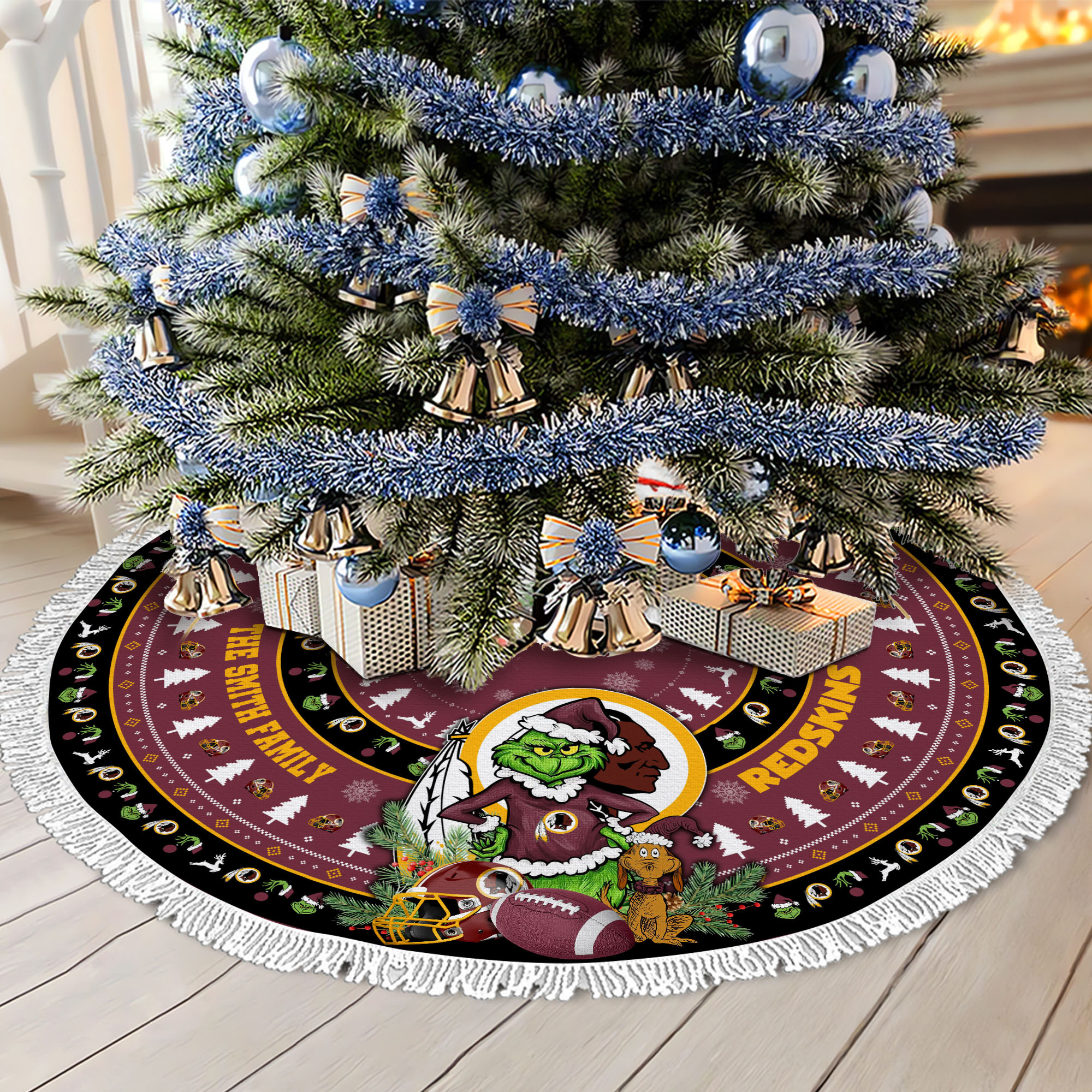 Washington Redskins Tree Skirt Bordered Custom Family Name 2024 Version, Christmas Tree Skirt For Sport Fans, Christmas Decorations EHIVM-62734