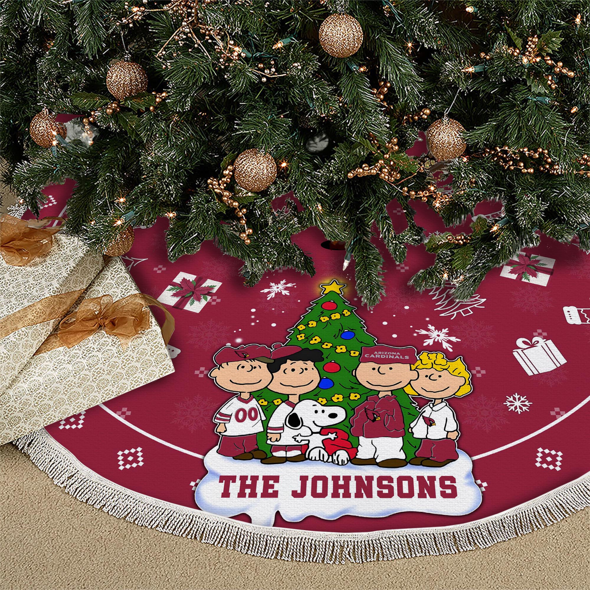 Arizona Cardinals Tree Skirt Bordered Custom Family Name 2024 Version, Christmas Tree Skirt For Sport Fans, Christmas Decorations EHIVM-62751