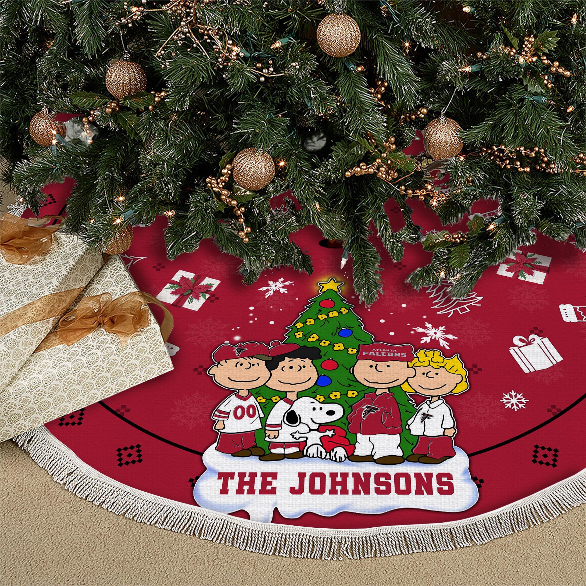 Atlanta Falcons Tree Skirt Bordered Custom Family Name 2024 Version, Christmas Tree Skirt For Sport Fans, Christmas Decorations EHIVM-62751