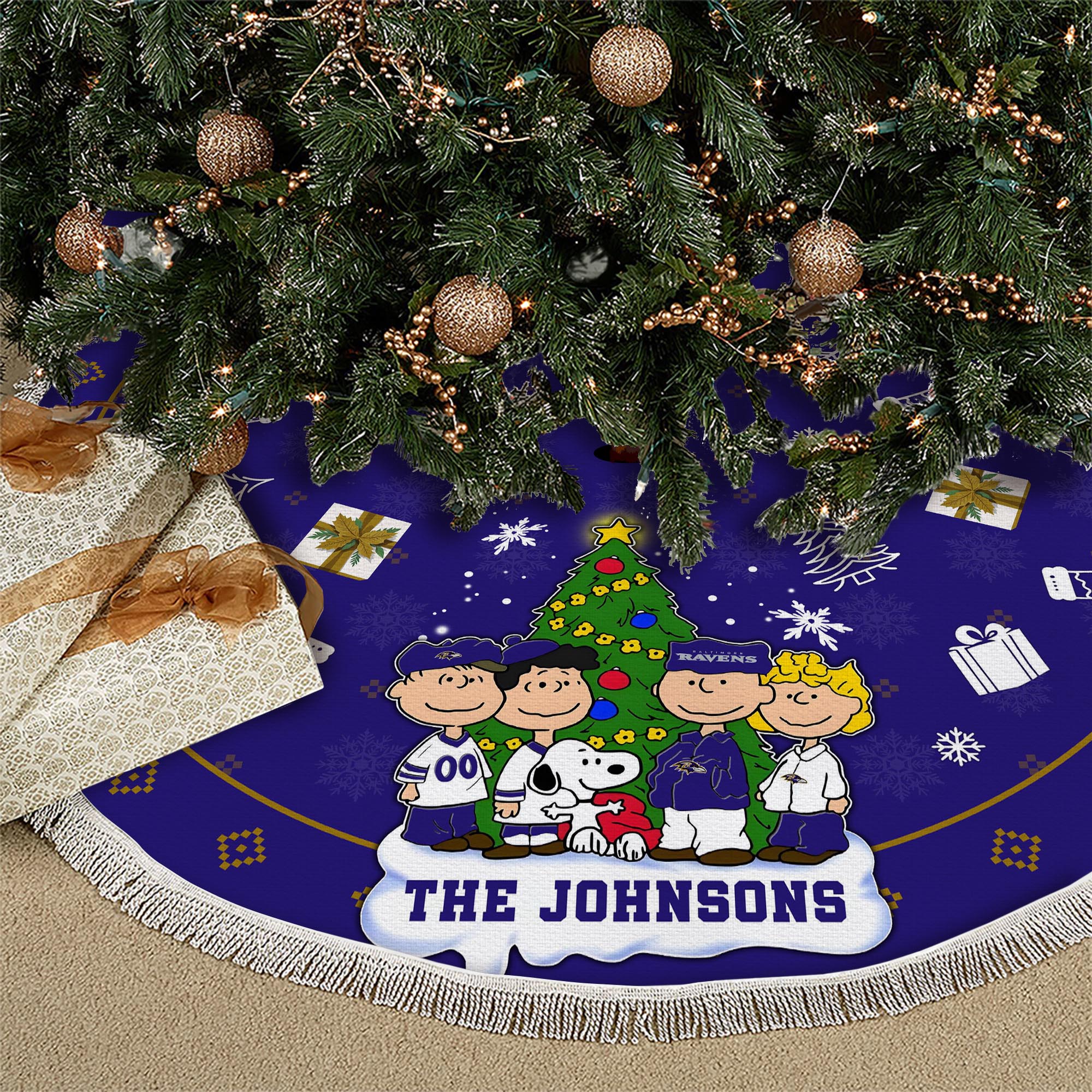 Baltimore Ravens Tree Skirt Bordered Custom Family Name 2024 Version, Christmas Tree Skirt For Sport Fans, Christmas Decorations EHIVM-62751