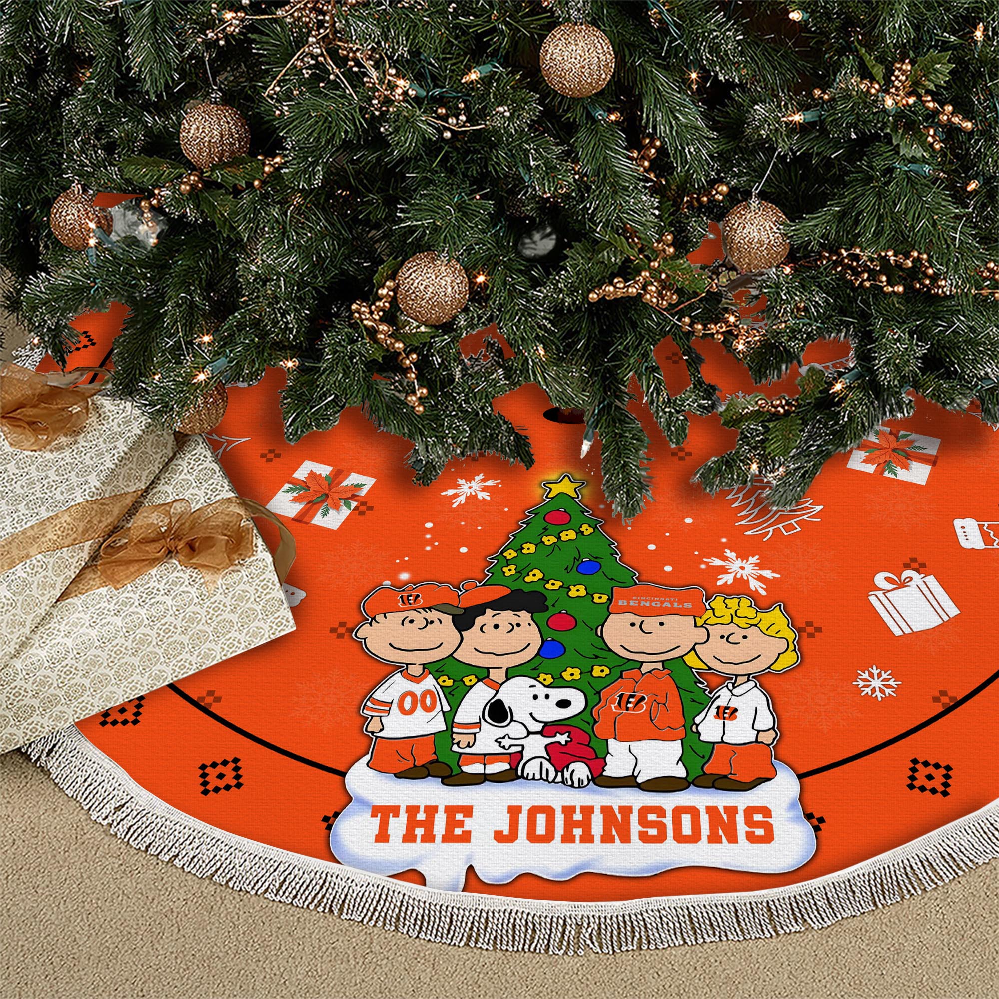 Cincinnati Bengals Tree Skirt Bordered Custom Family Name 2024 Version, Christmas Tree Skirt For Sport Fans, Christmas Decorations EHIVM-62751