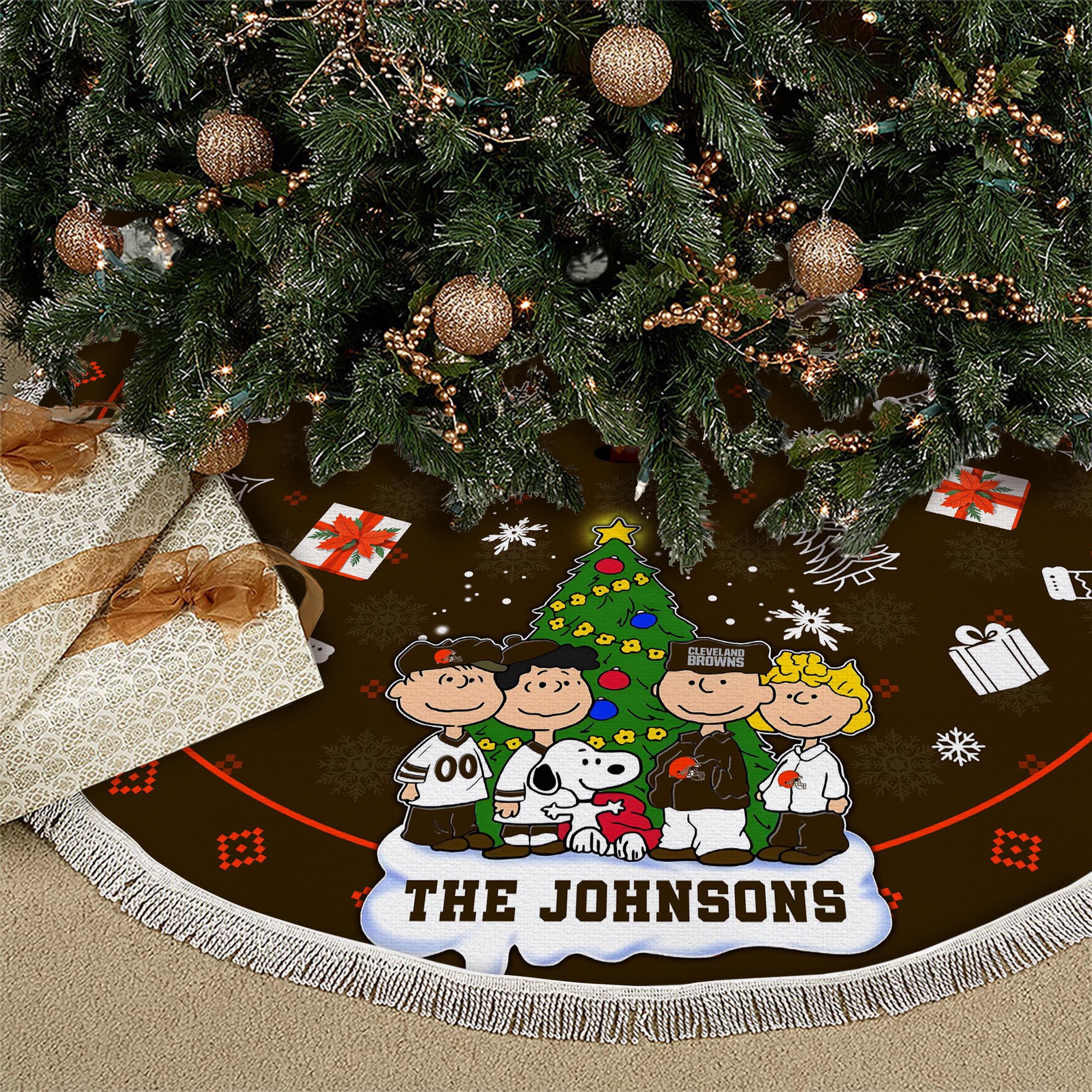 Cleveland Browns Tree Skirt Bordered Custom Family Name 2024 Version, Christmas Tree Skirt For Sport Fans, Christmas Decorations EHIVM-62751