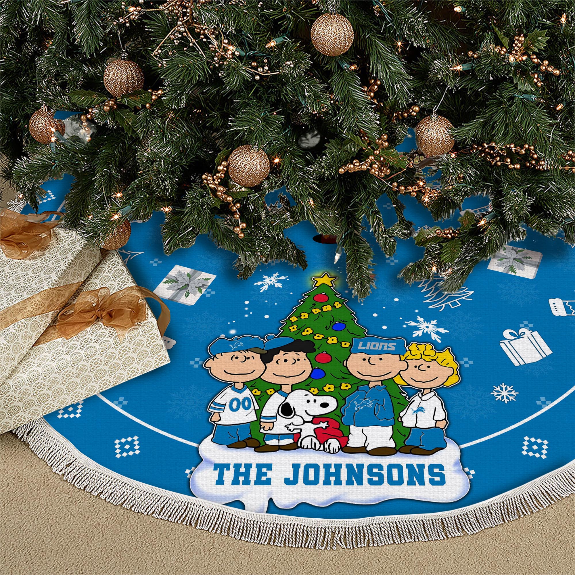 Detroit Lions Tree Skirt Bordered Custom Family Name 2024 Version, Christmas Tree Skirt For Sport Fans, Christmas Decorations EHIVM-62751