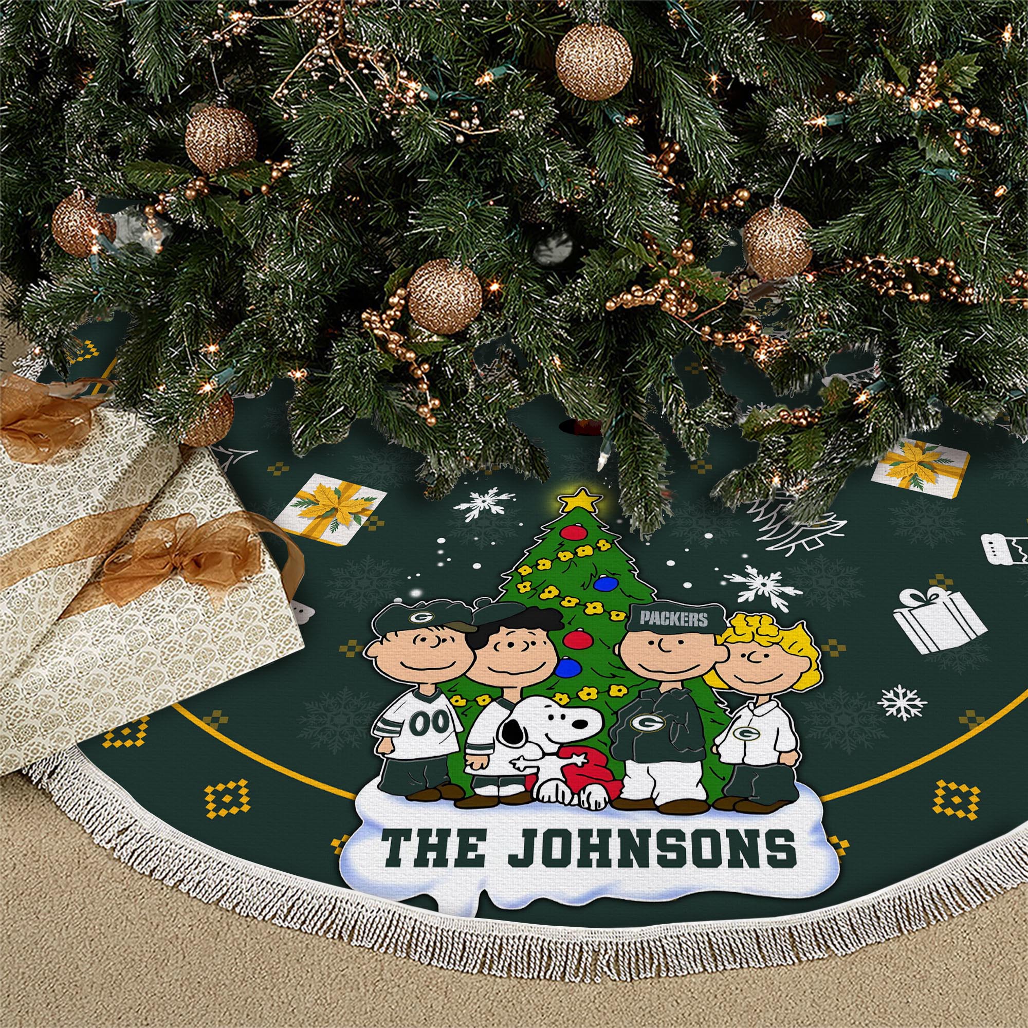 Green Bay Packers Tree Skirt Bordered Custom Family Name 2024 Version, Christmas Tree Skirt For Sport Fans, Christmas Decorations EHIVM-62751