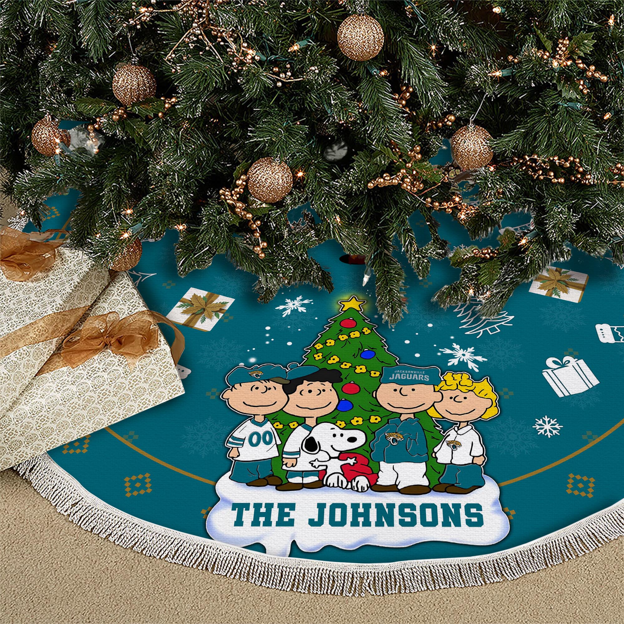 Jacksonville Jaguars Tree Skirt Bordered Custom Family Name 2024 Version, Christmas Tree Skirt For Sport Fans, Christmas Decorations EHIVM-62751