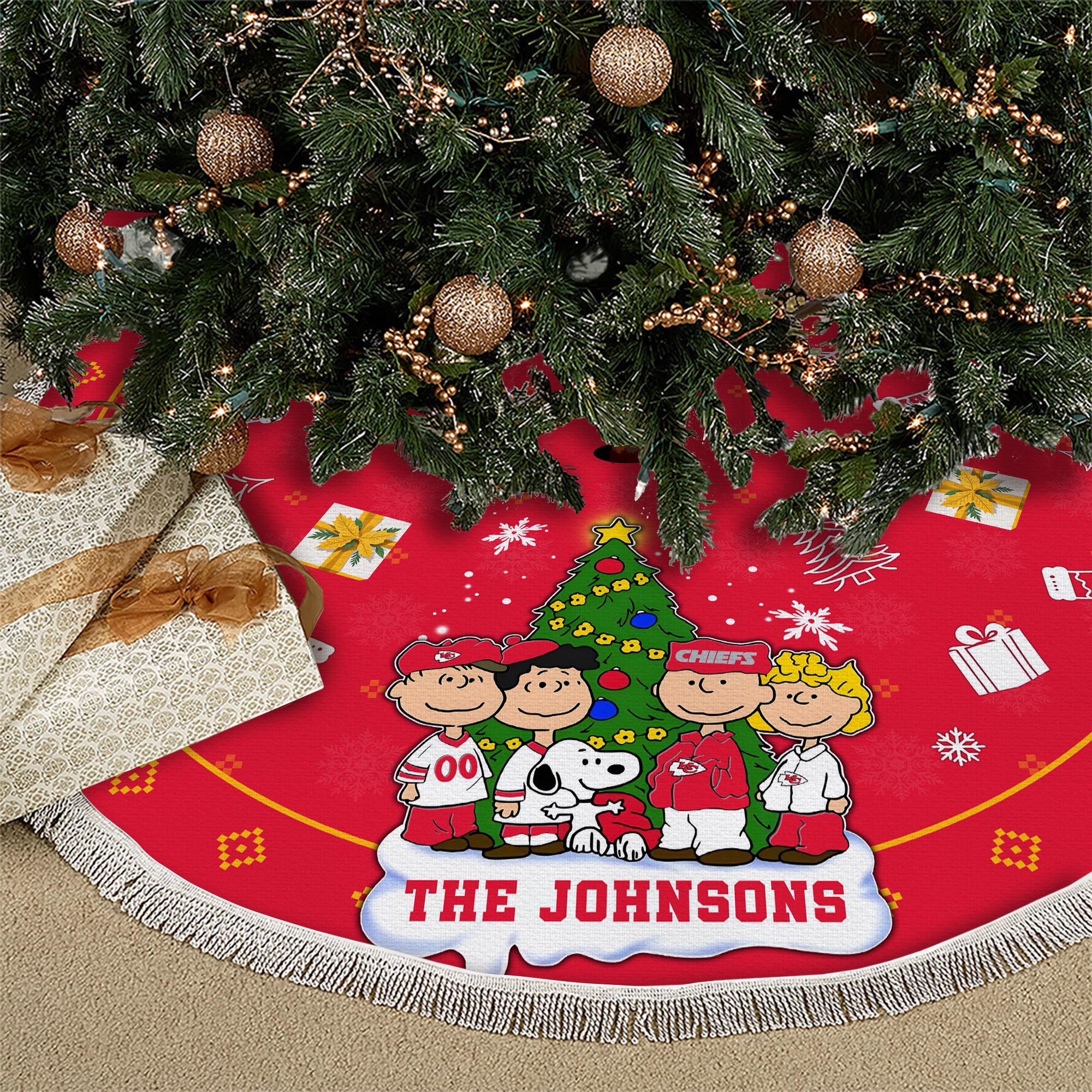 Kansas City Chiefs Tree Skirt Bordered Custom Family Name 2024 Version, Christmas Tree Skirt For Sport Fans, Christmas Decorations EHIVM-62751