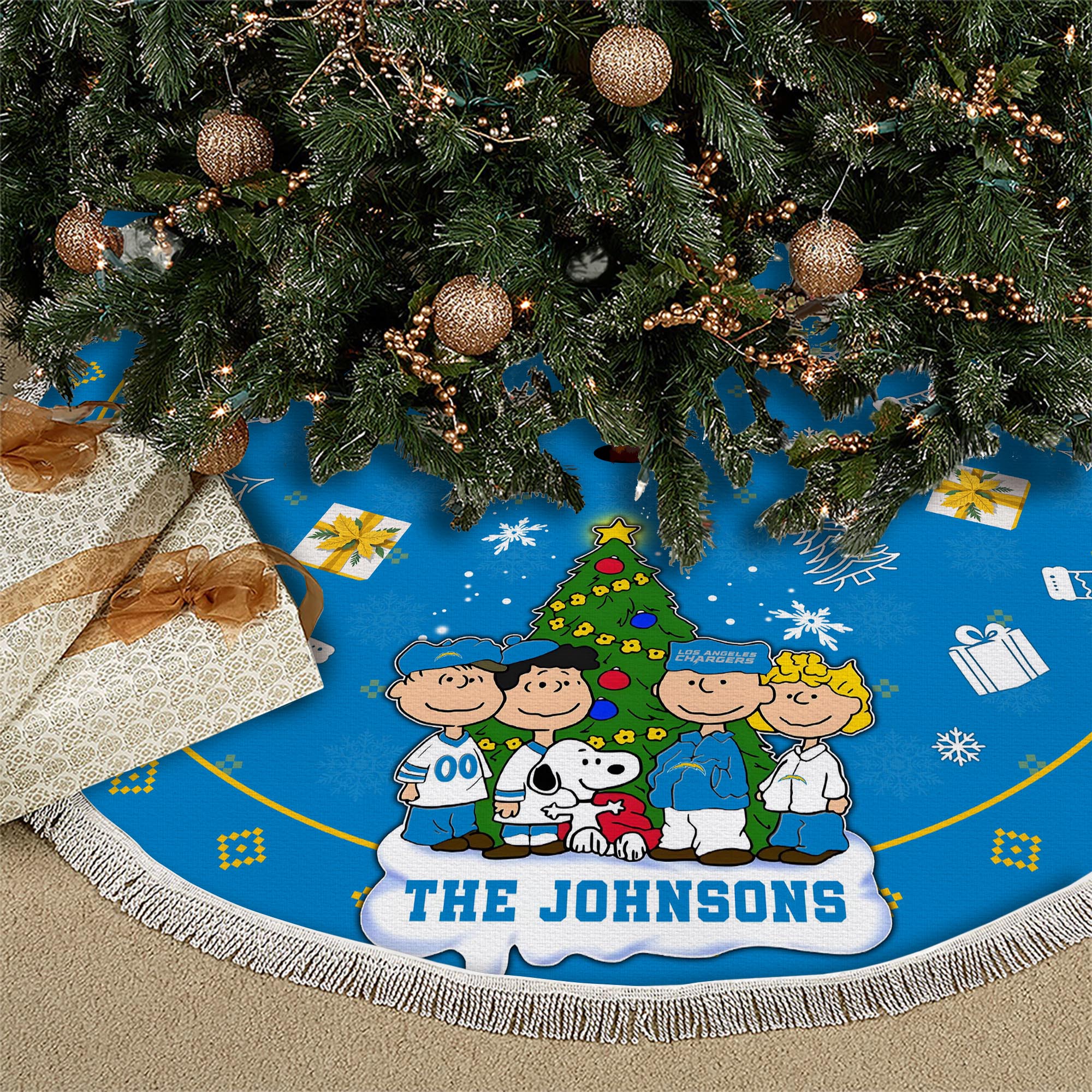 Los Angeles Chargers Tree Skirt Bordered Custom Family Name 2024 Version, Christmas Tree Skirt For Sport Fans, Christmas Decorations EHIVM-62751