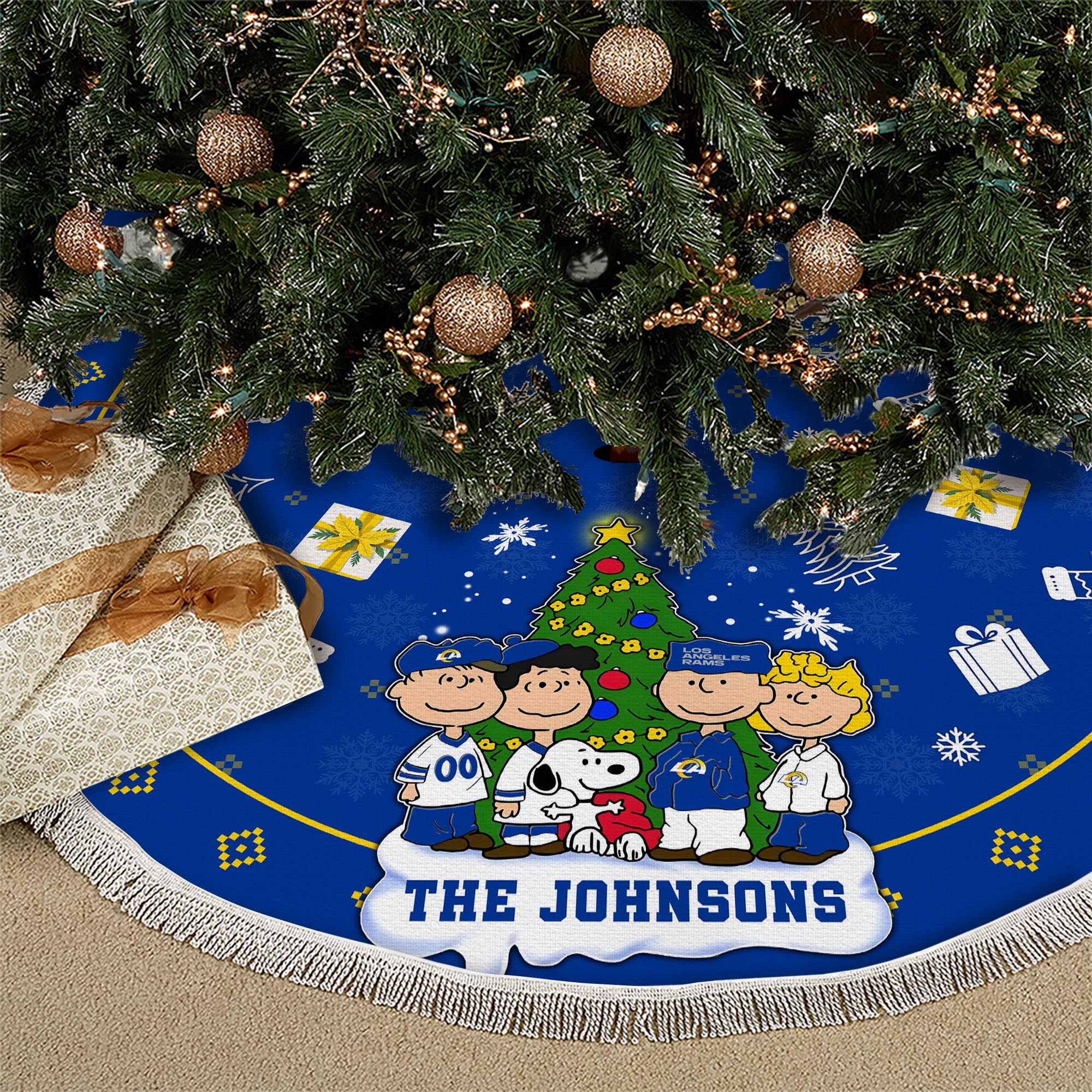 Los Angeles Rams Tree Skirt Bordered Custom Family Name 2024 Version, Christmas Tree Skirt For Sport Fans, Christmas Decorations EHIVM-62751