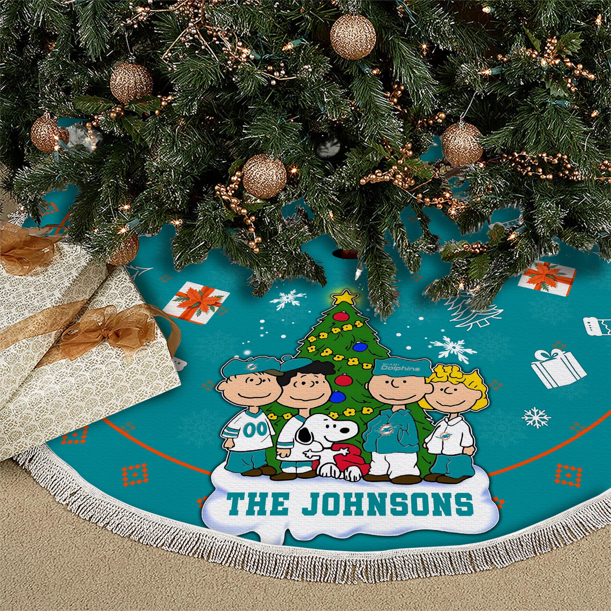 Miami Dolphins Tree Skirt Bordered Custom Family Name 2024 Version, Christmas Tree Skirt For Sport Fans, Christmas Decorations EHIVM-62751