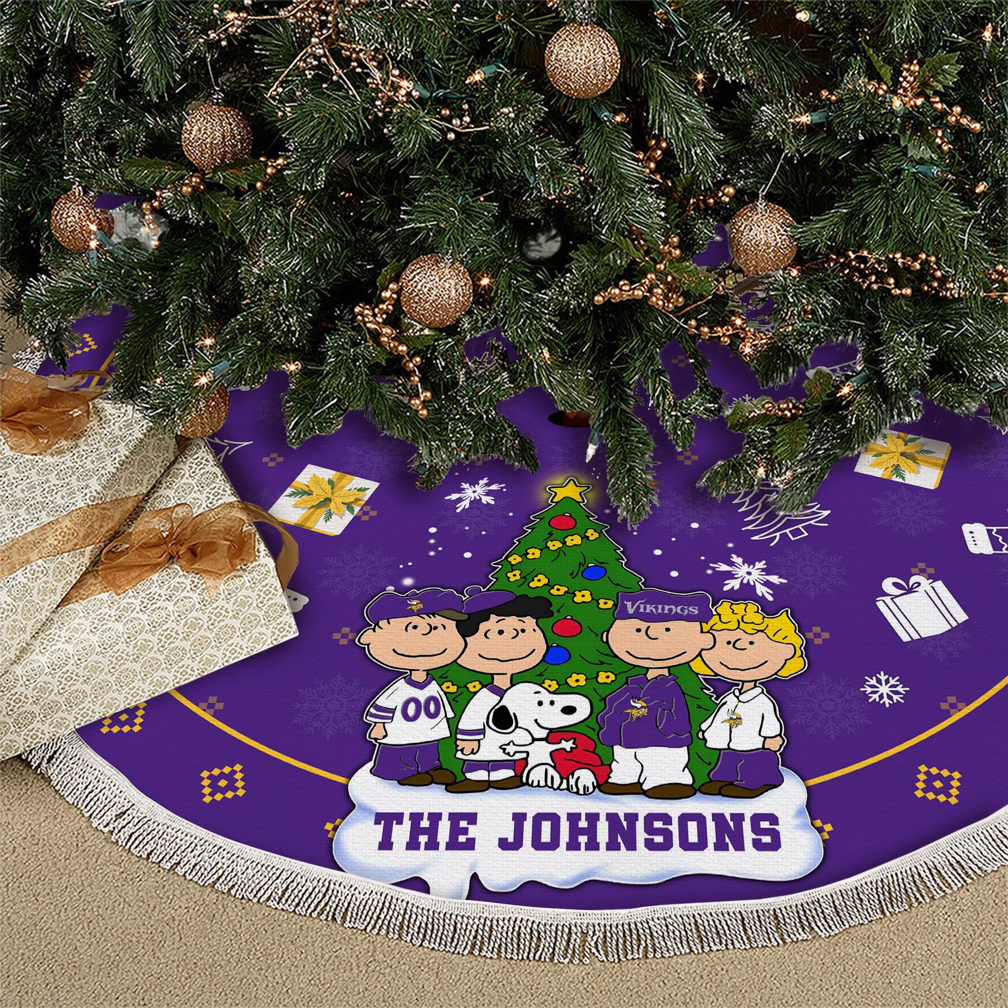 Minnesota Vikings Tree Skirt Bordered Custom Family Name 2024 Version, Christmas Tree Skirt For Sport Fans, Christmas Decorations EHIVM-62751