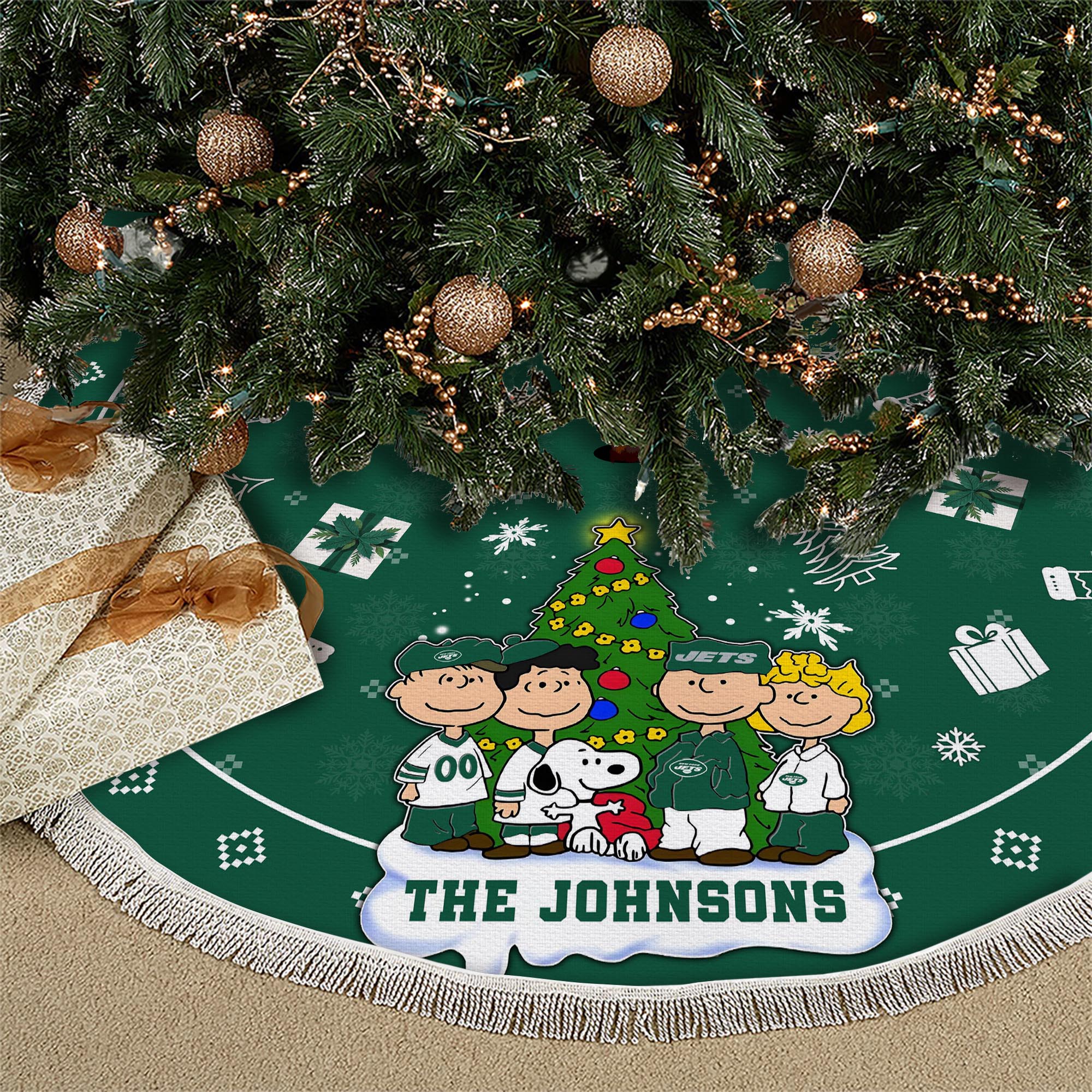 New York Jets Tree Skirt Bordered Custom Family Name 2024 Version, Christmas Tree Skirt For Sport Fans, Christmas Decorations EHIVM-62751