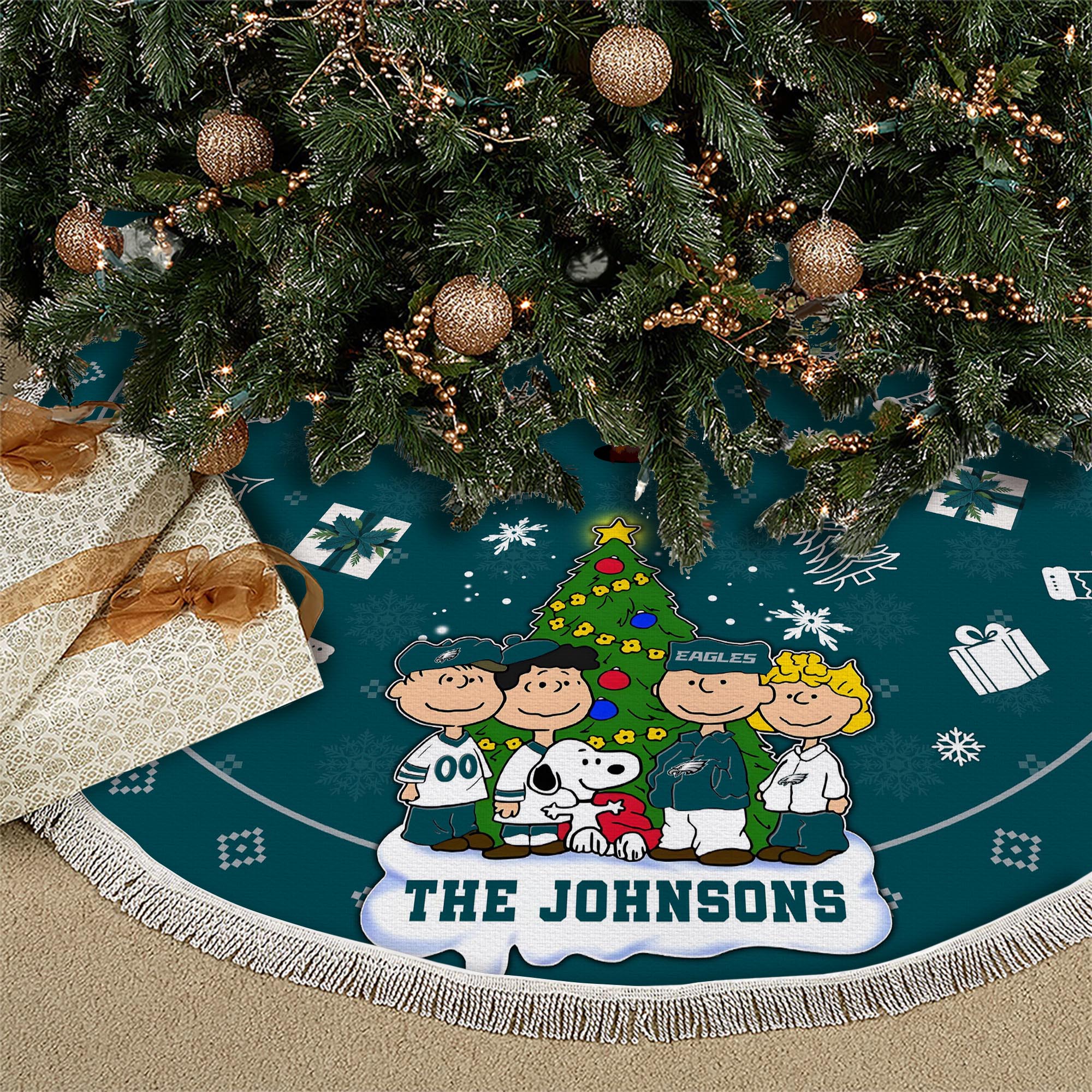 Philadelphia Eagles Tree Skirt Bordered Custom Family Name 2024 Version, Christmas Tree Skirt For Sport Fans, Christmas Decorations EHIVM-62751