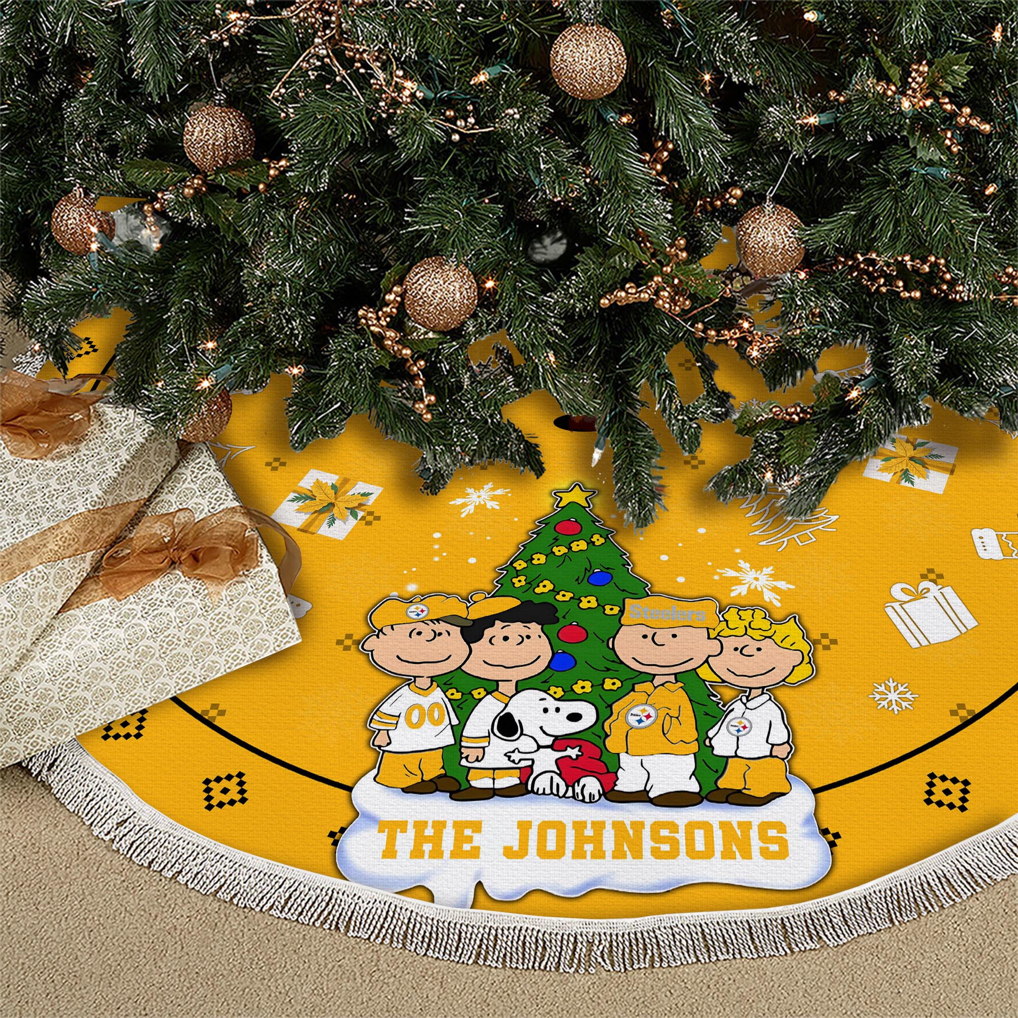 Pittsburgh Steelers Tree Skirt Bordered Custom Family Name 2024 Version, Christmas Tree Skirt For Sport Fans, Christmas Decorations EHIVM-62751