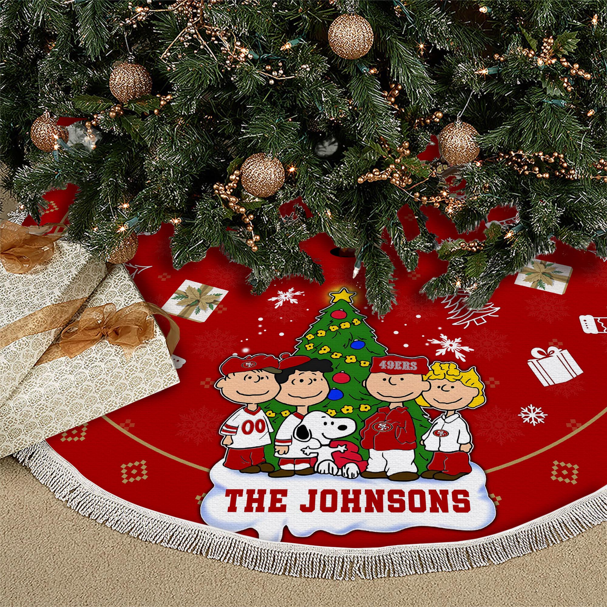 San Francisco 49ers Tree Skirt Bordered Custom Family Name 2024 Version, Christmas Tree Skirt For Sport Fans, Christmas Decorations EHIVM-62751