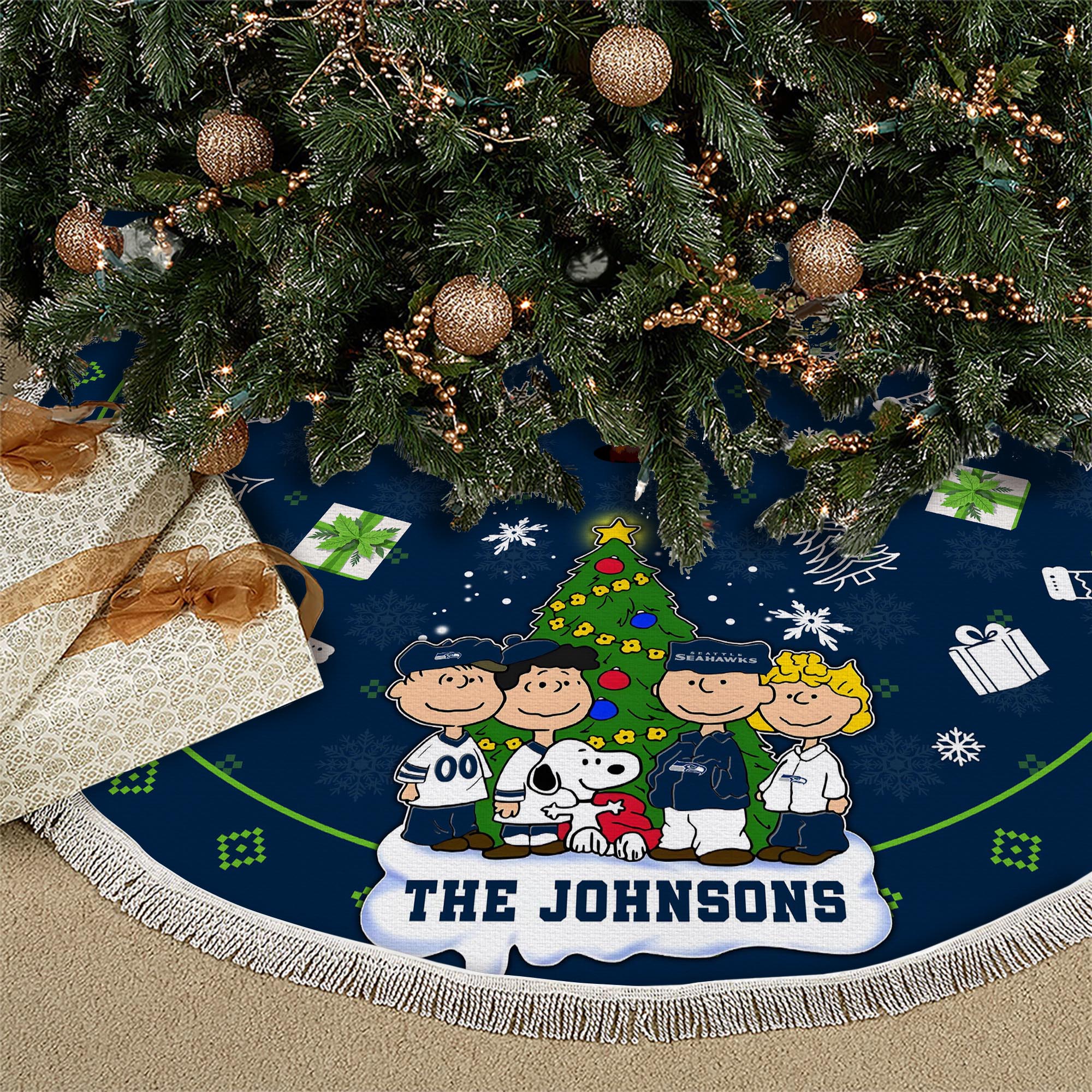 Seattle Seahawks Tree Skirt Bordered Custom Family Name 2024 Version, Christmas Tree Skirt For Sport Fans, Christmas Decorations EHIVM-62751