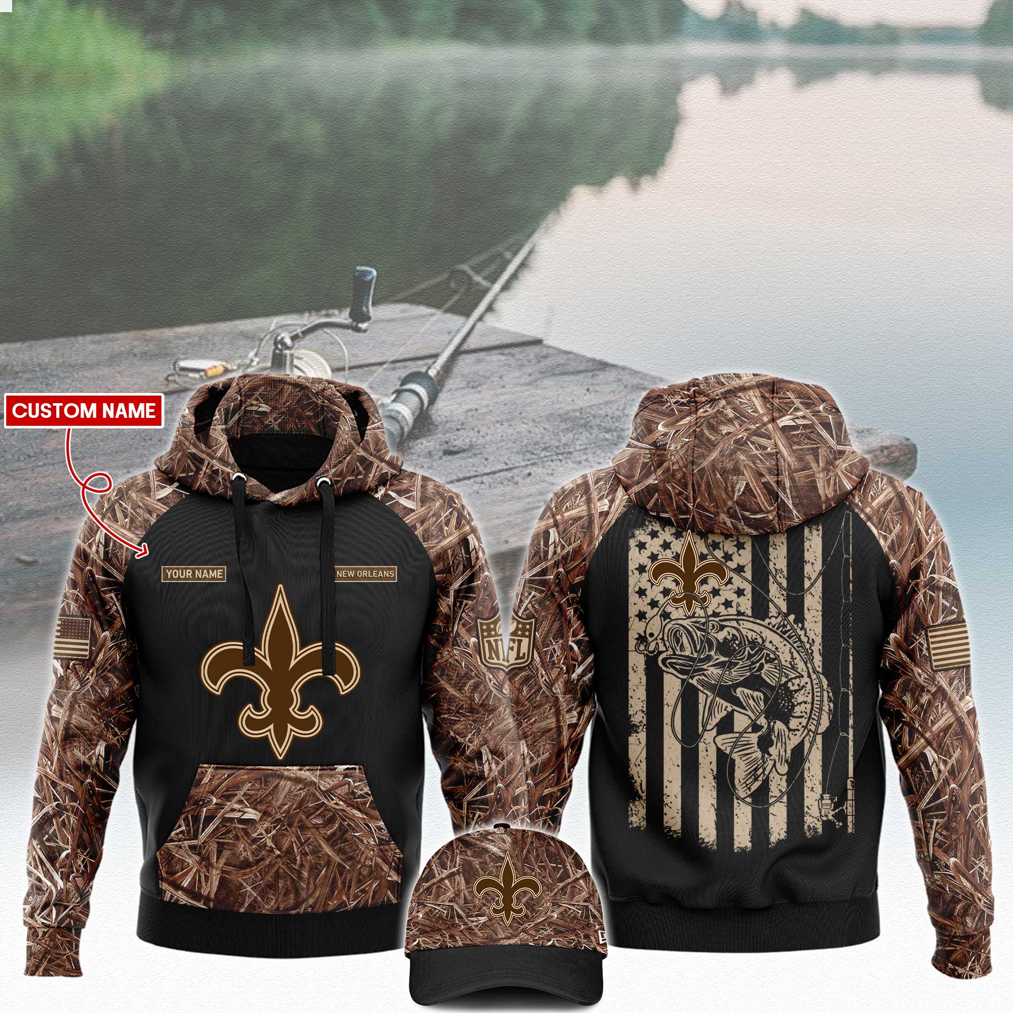 New Orleans Saints Hunting Hoodie And Sweatpants Custom Your Name 2024 Versions, Cap, Sport Hoodie And Sweatpants, Sport Gifts For Fan EHIVM-62764