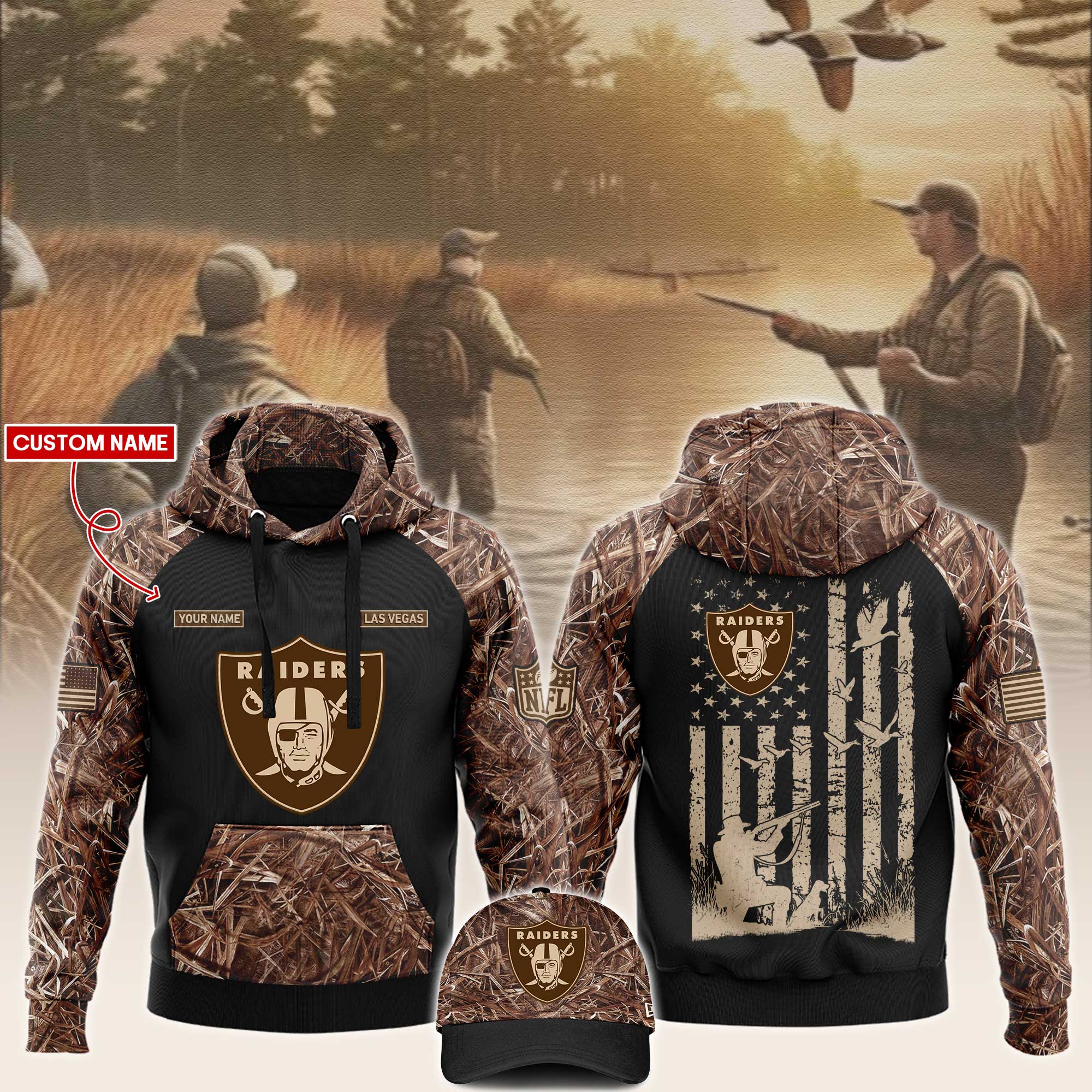 Las Vegas Raiders Hunting Hoodie And Sweatpants Custom Your Name 2024 Versions, Cap, Sport Hoodie And Sweatpants, Sport Gifts For Fan EHIVM-62765