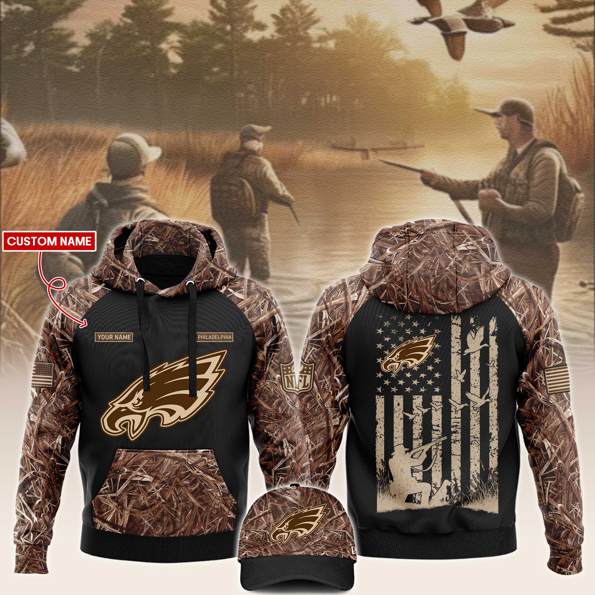 Philadelphia Eagles Hunting Hoodie And Sweatpants Custom Your Name 2024 Versions, Cap, Sport Hoodie And Sweatpants, Sport Gifts For Fan EHIVM-62765