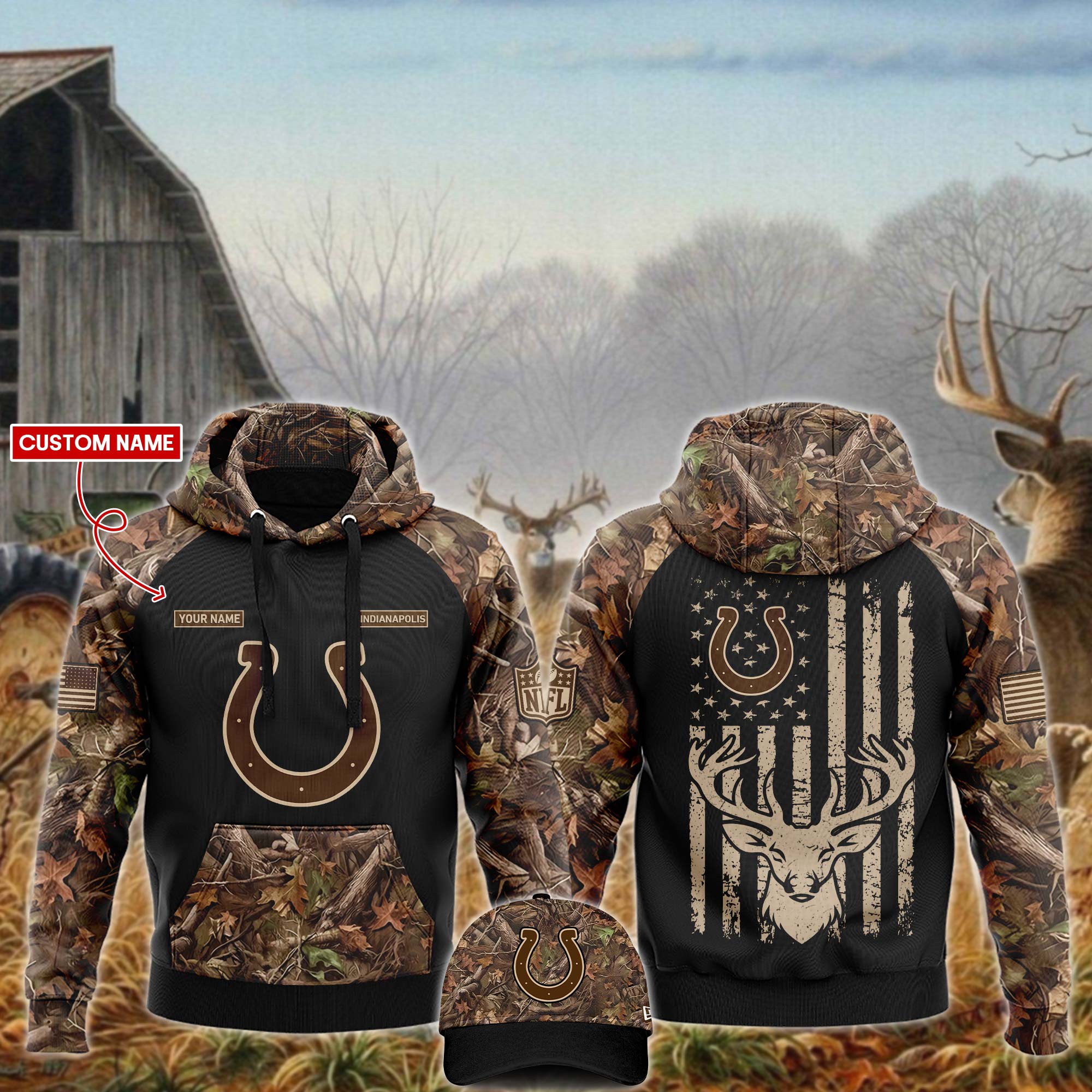 Indianapolis Colts Hunting Hoodie And Sweatpants Custom Your Name 2024 Versions, Cap, Sport Hoodie And Sweatpants, Sport Gifts For Fan EHIVM-62766