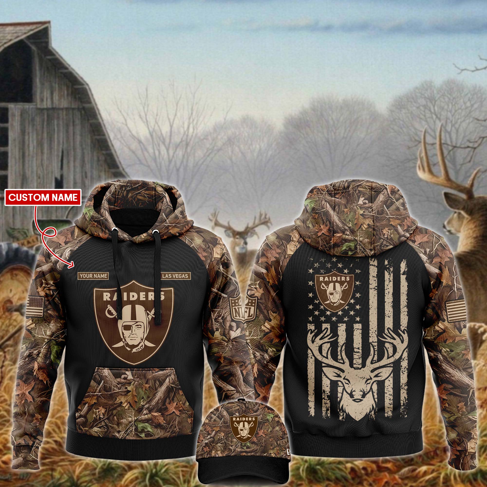 Las Vegas Raiders Hunting Hoodie And Sweatpants Custom Your Name 2024 Versions, Cap, Sport Hoodie And Sweatpants, Sport Gifts For Fan EHIVM-62766