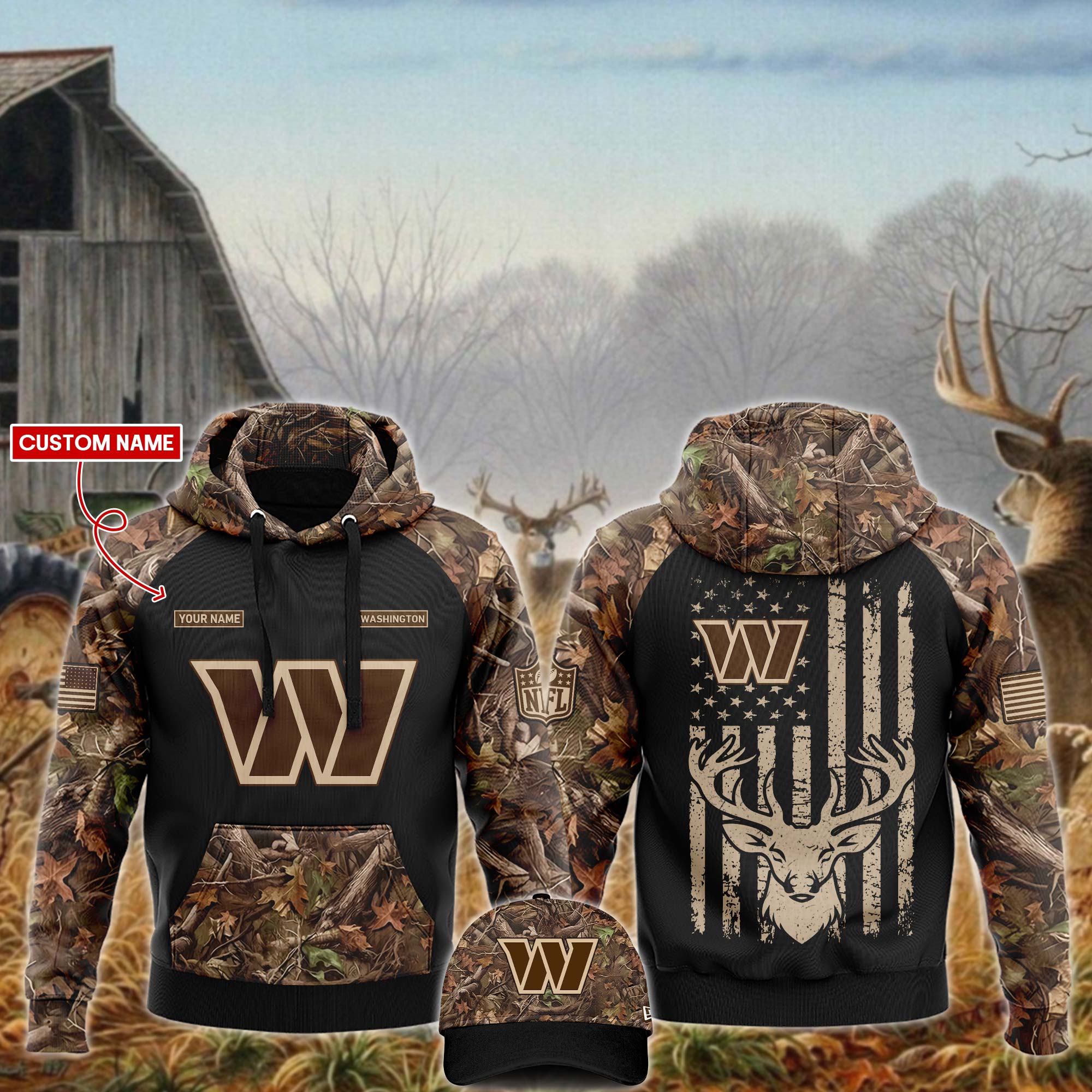 Washington  Commanders Hunting Hoodie And Sweatpants Custom Your Name 2024 Versions, Cap, Sport Hoodie And Sweatpants, Sport Gifts For Fan EHIVM-62766