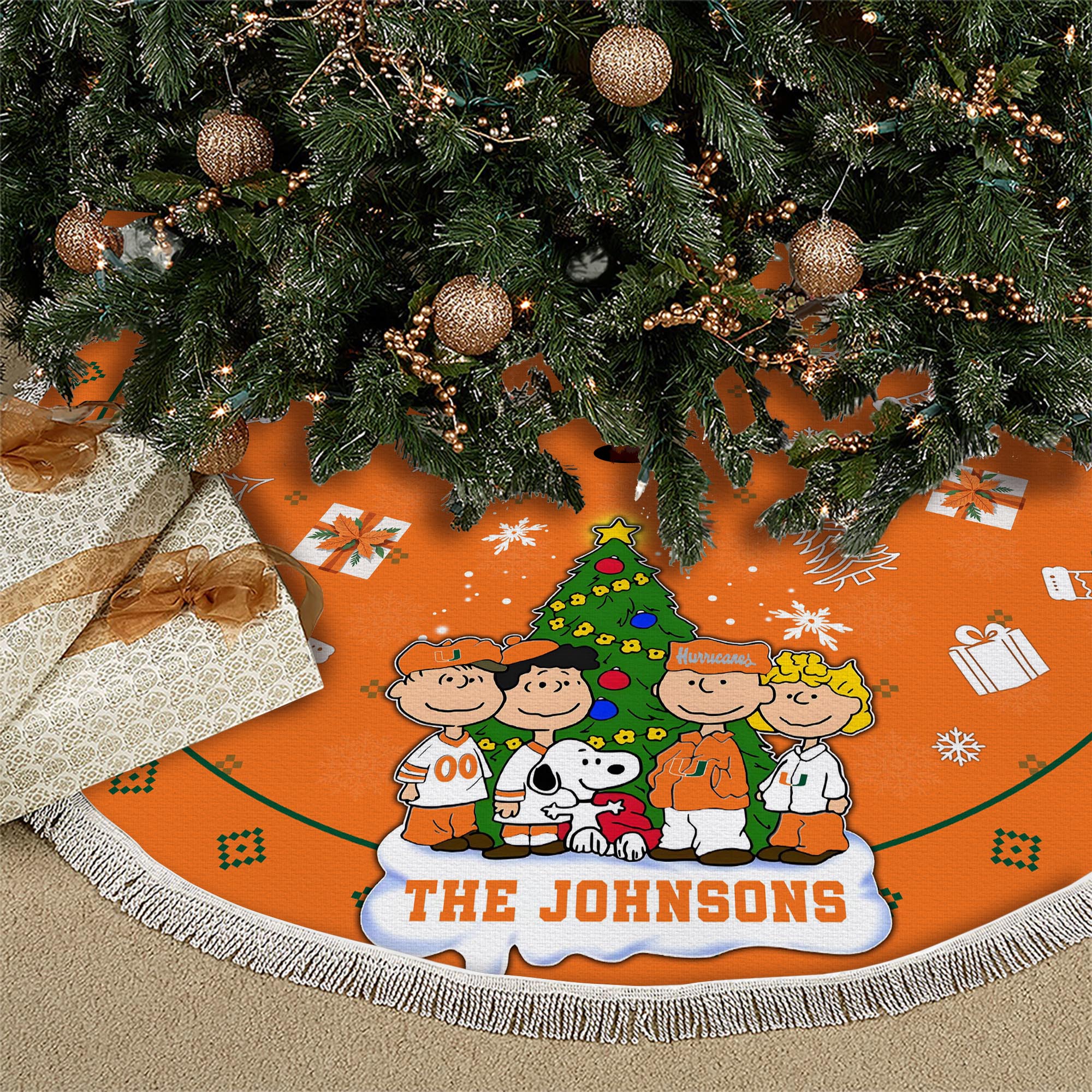 Miami Hurricanes Tree Skirt Bordered Custom Family Name 2024 Version, Christmas Tree Skirt For Sport Fans, Christmas Decorations EHIVM-62777