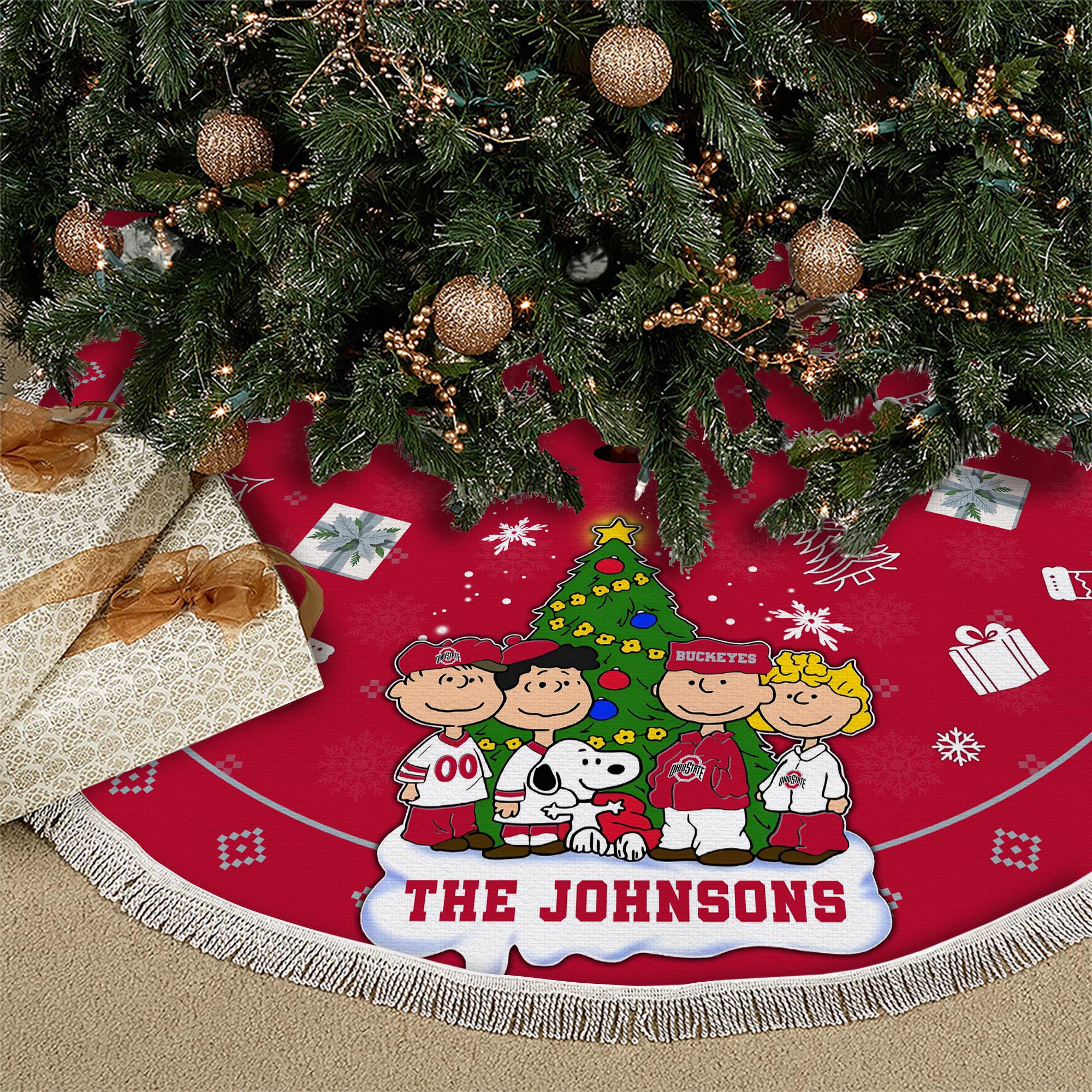 Ohio State Buckeyes Tree Skirt Bordered Custom Family Name 2024 Version, Christmas Tree Skirt For Sport Fans, Christmas Decorations EHIVM-62777