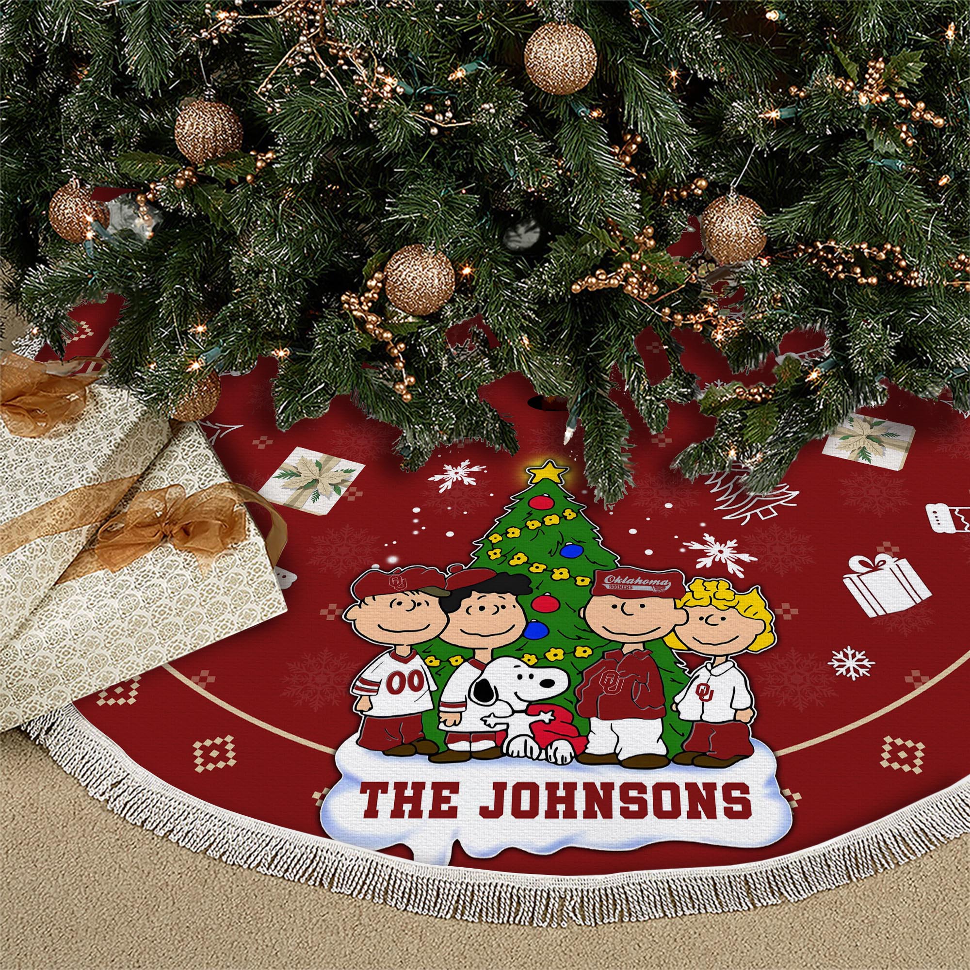 Oklahoma Sooners Tree Skirt Bordered Custom Family Name 2024 Version, Christmas Tree Skirt For Sport Fans, Christmas Decorations EHIVM-62777