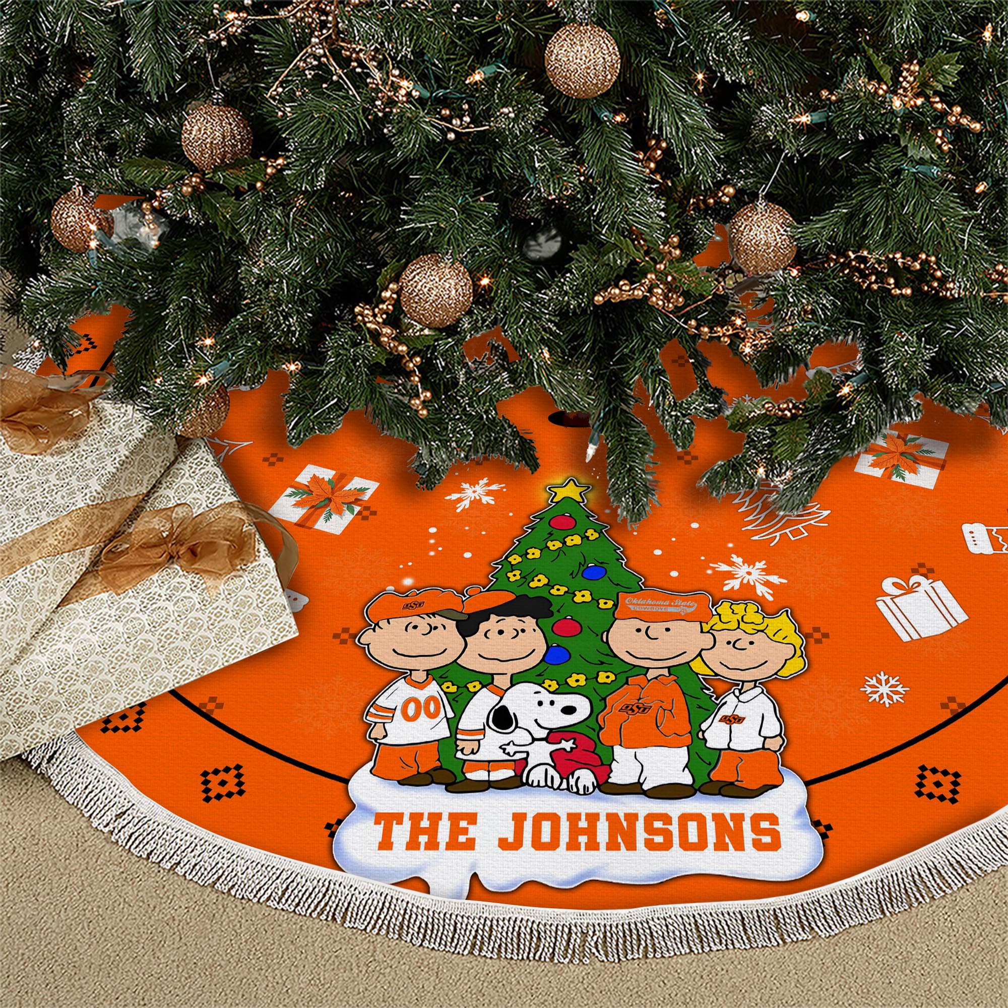 Oklahoma State Cowboys Tree Skirt Bordered Custom Family Name 2024 Version, Christmas Tree Skirt For Sport Fans, Christmas Decorations EHIVM-62777