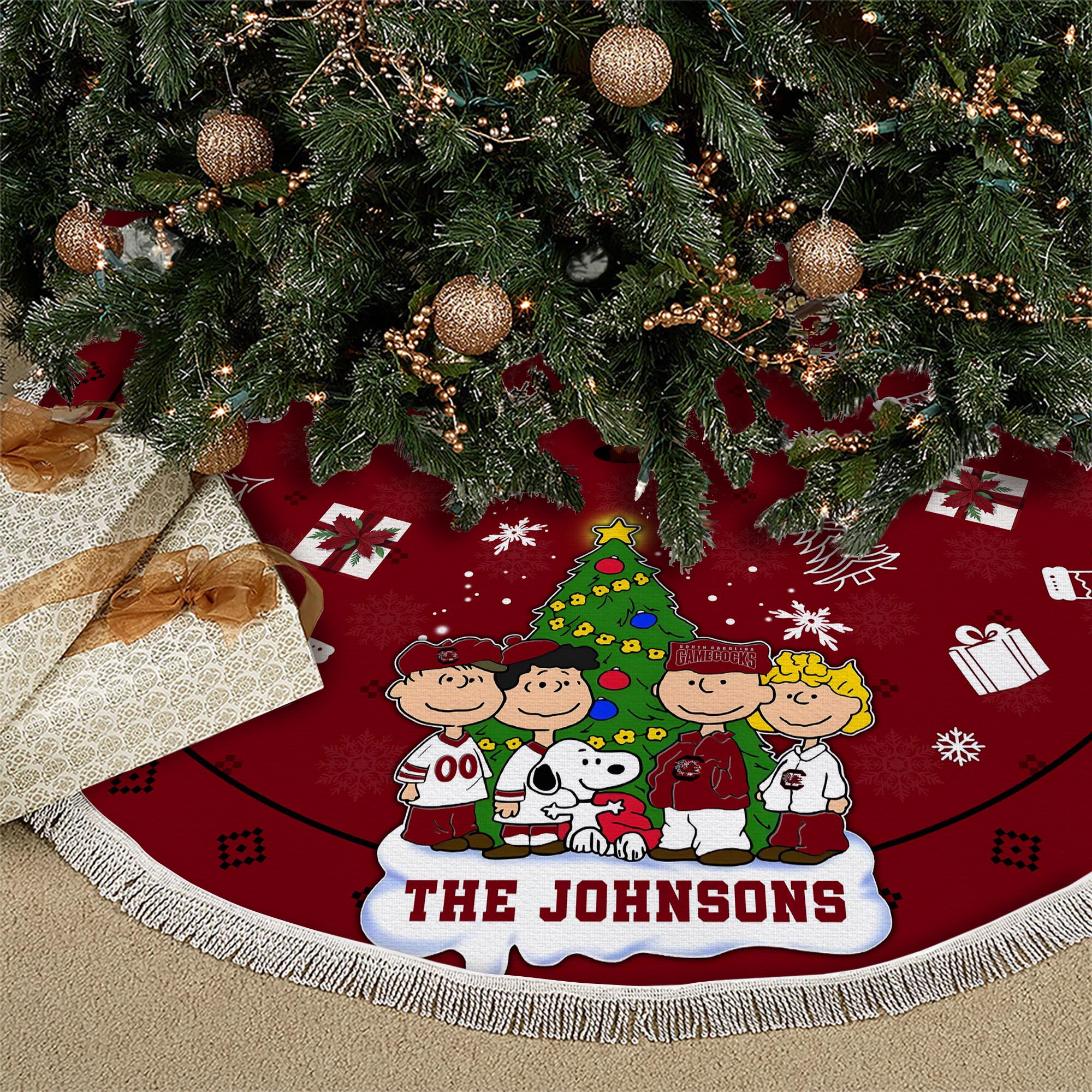 South Carolina Gamecocks Tree Skirt Bordered Custom Family Name 2024 Version, Christmas Tree Skirt For Sport Fans, Christmas Decorations EHIVM-62777