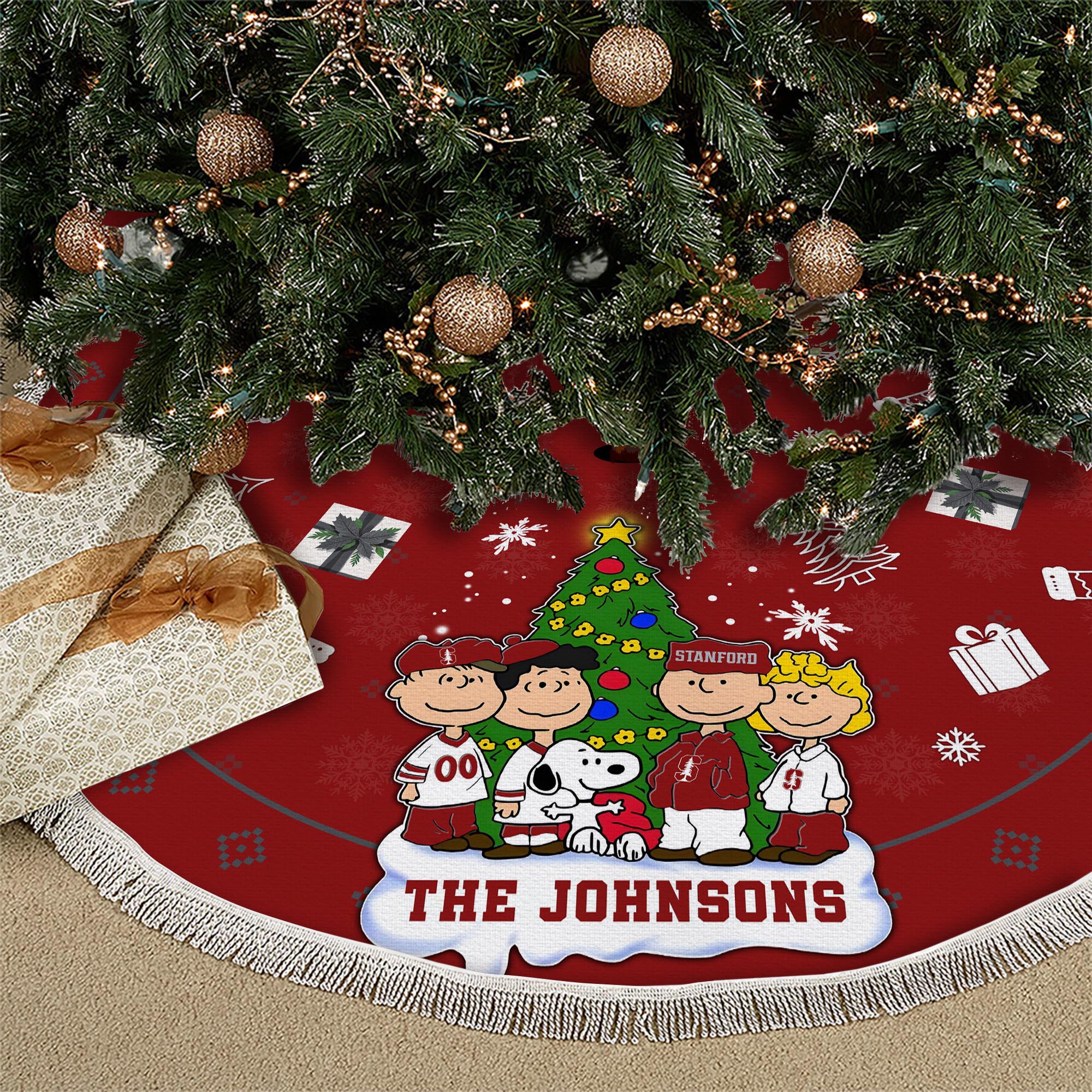 Stanford Cardinal Tree Skirt Bordered Custom Family Name 2024 Version, Christmas Tree Skirt For Sport Fans, Christmas Decorations EHIVM-62777