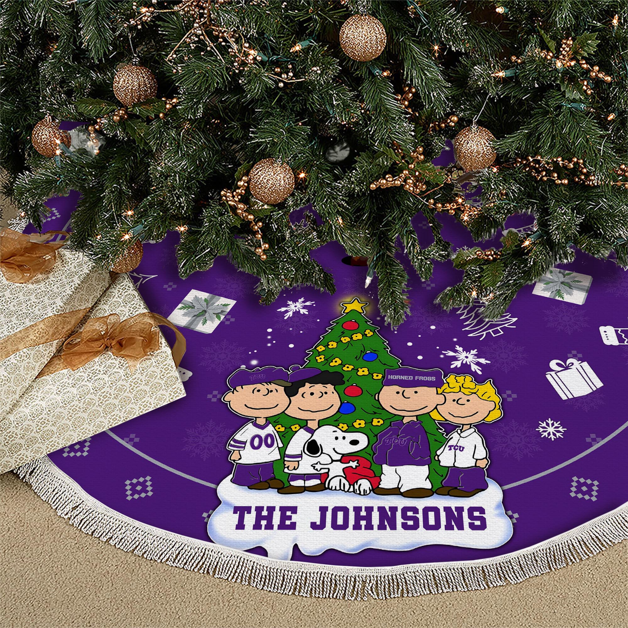 TCU Horned Frogs Tree Skirt Bordered Custom Family Name 2024 Version, Christmas Tree Skirt For Sport Fans, Christmas Decorations EHIVM-62777