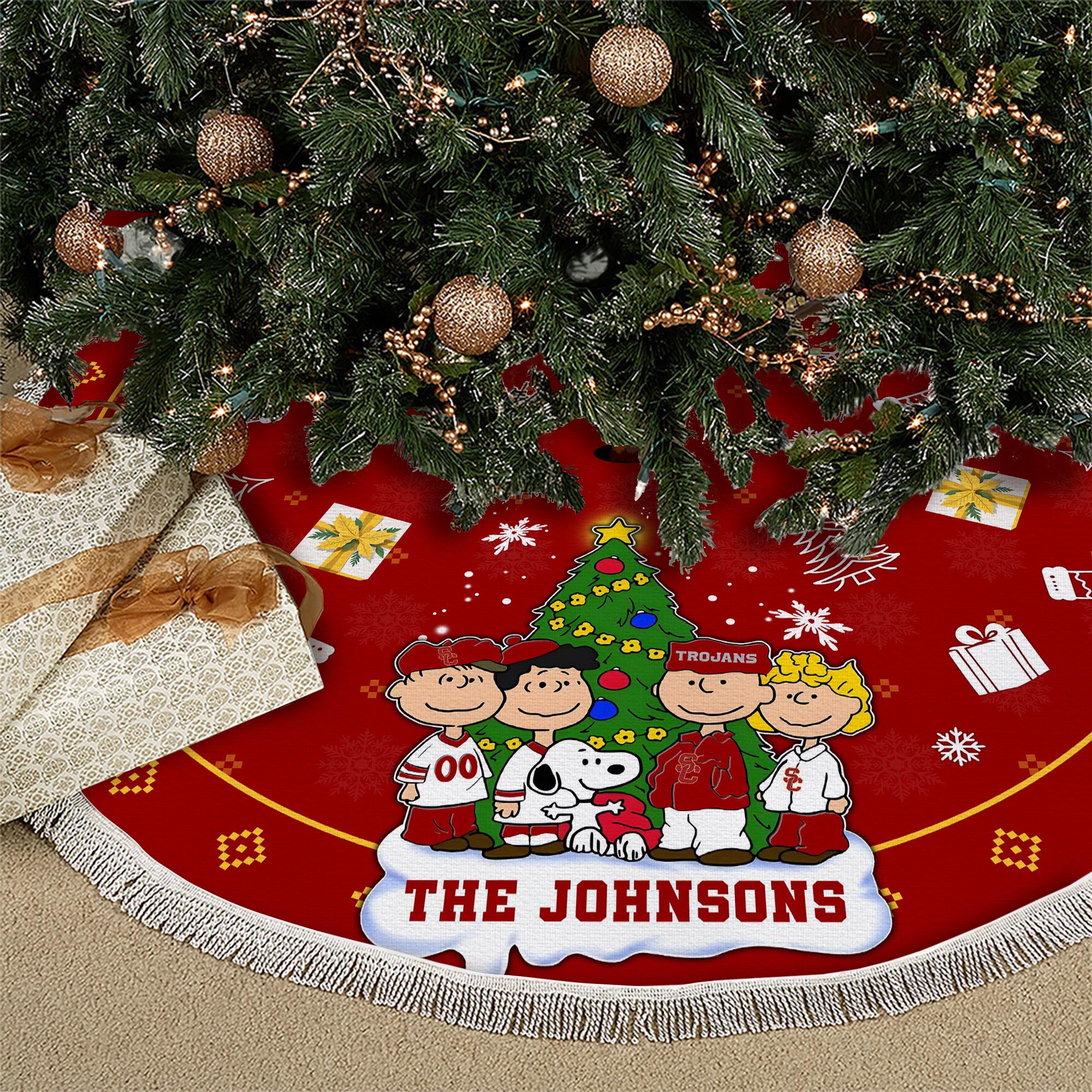 USC Trojans Tree Skirt Bordered Custom Family Name 2024 Version, Christmas Tree Skirt For Sport Fans, Christmas Decorations EHIVM-62777