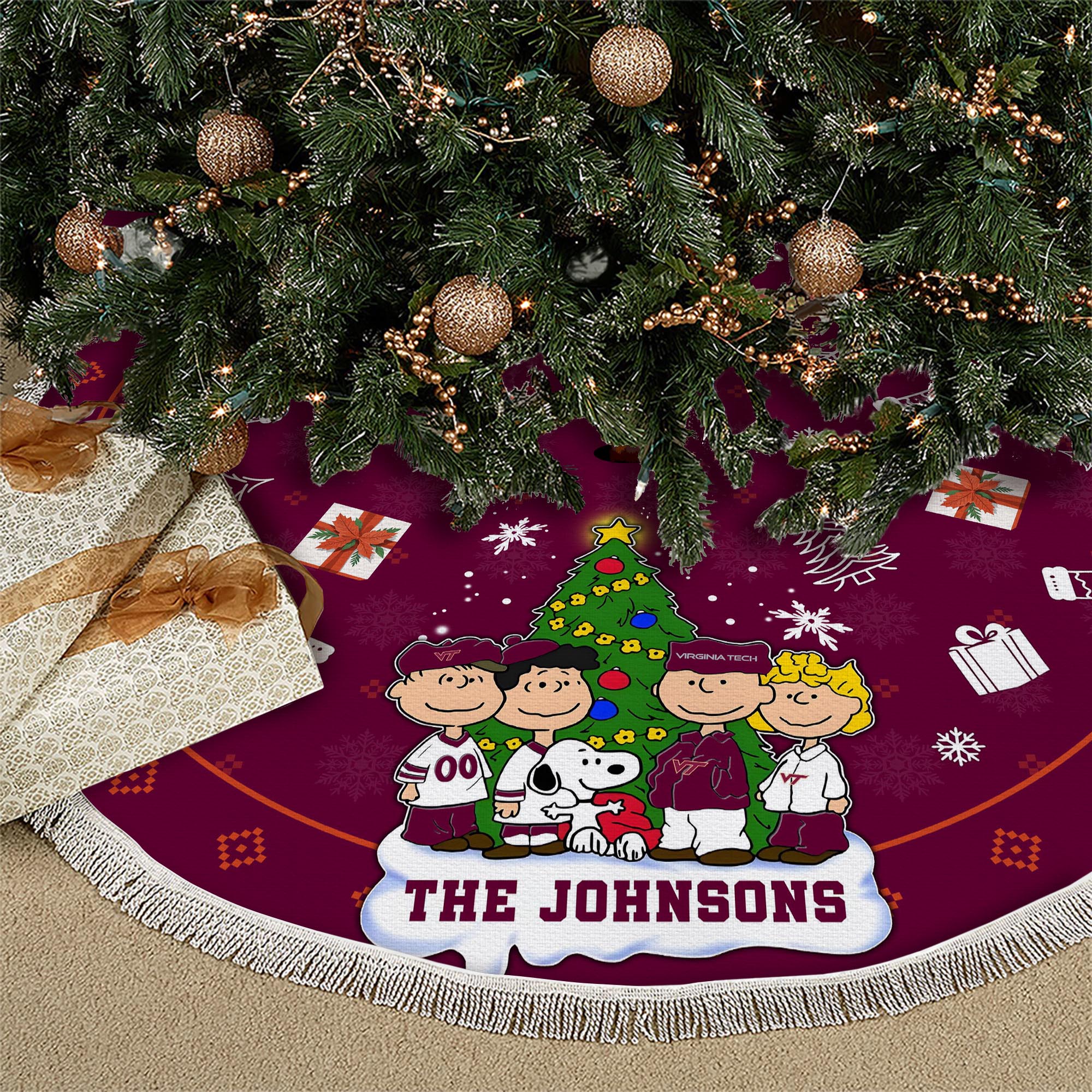 Virginia Tech Hokies Tree Skirt Bordered Custom Family Name 2024 Version, Christmas Tree Skirt For Sport Fans, Christmas Decorations EHIVM-62777