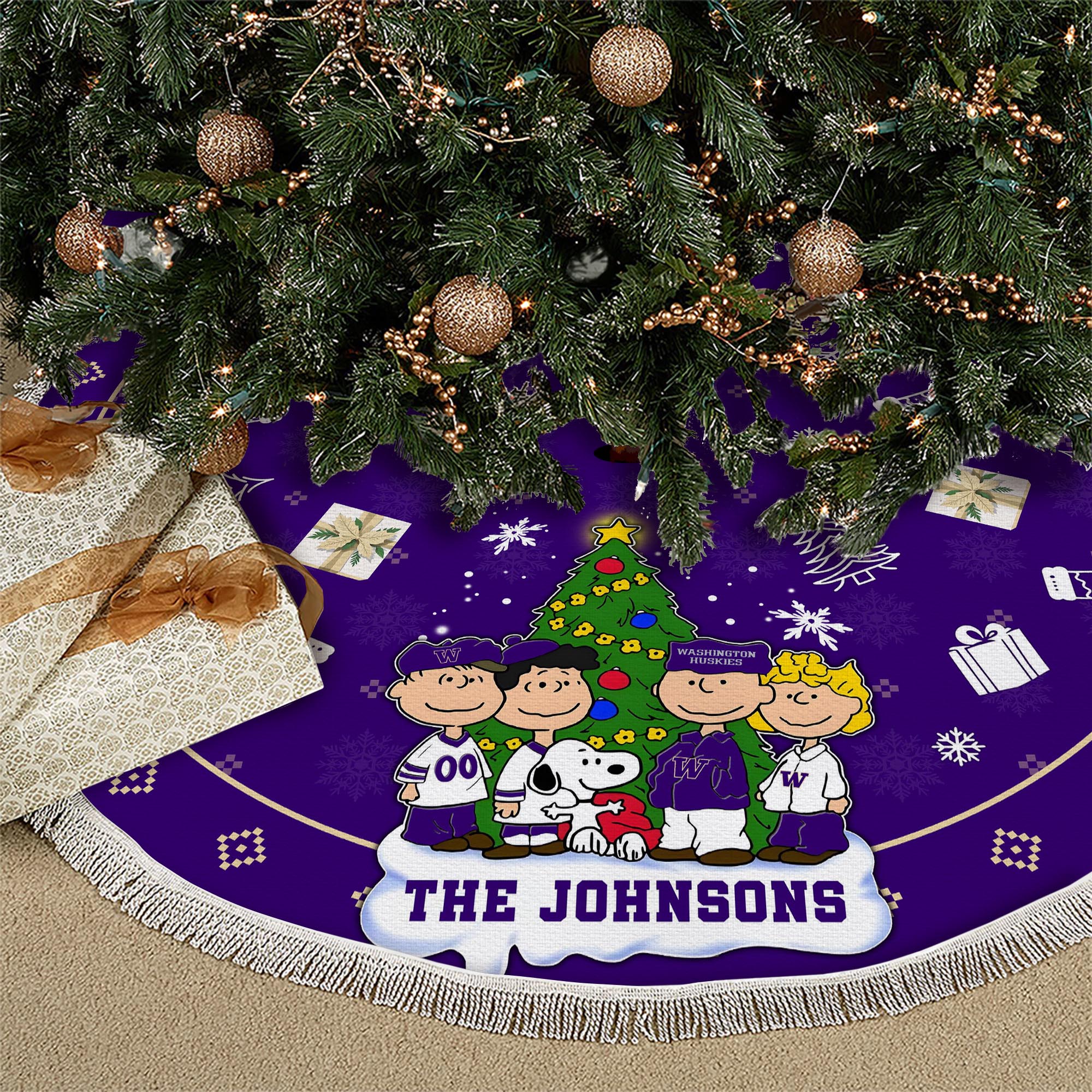 Washington Huskies Tree Skirt Bordered Custom Family Name 2024 Version, Christmas Tree Skirt For Sport Fans, Christmas Decorations EHIVM-62777