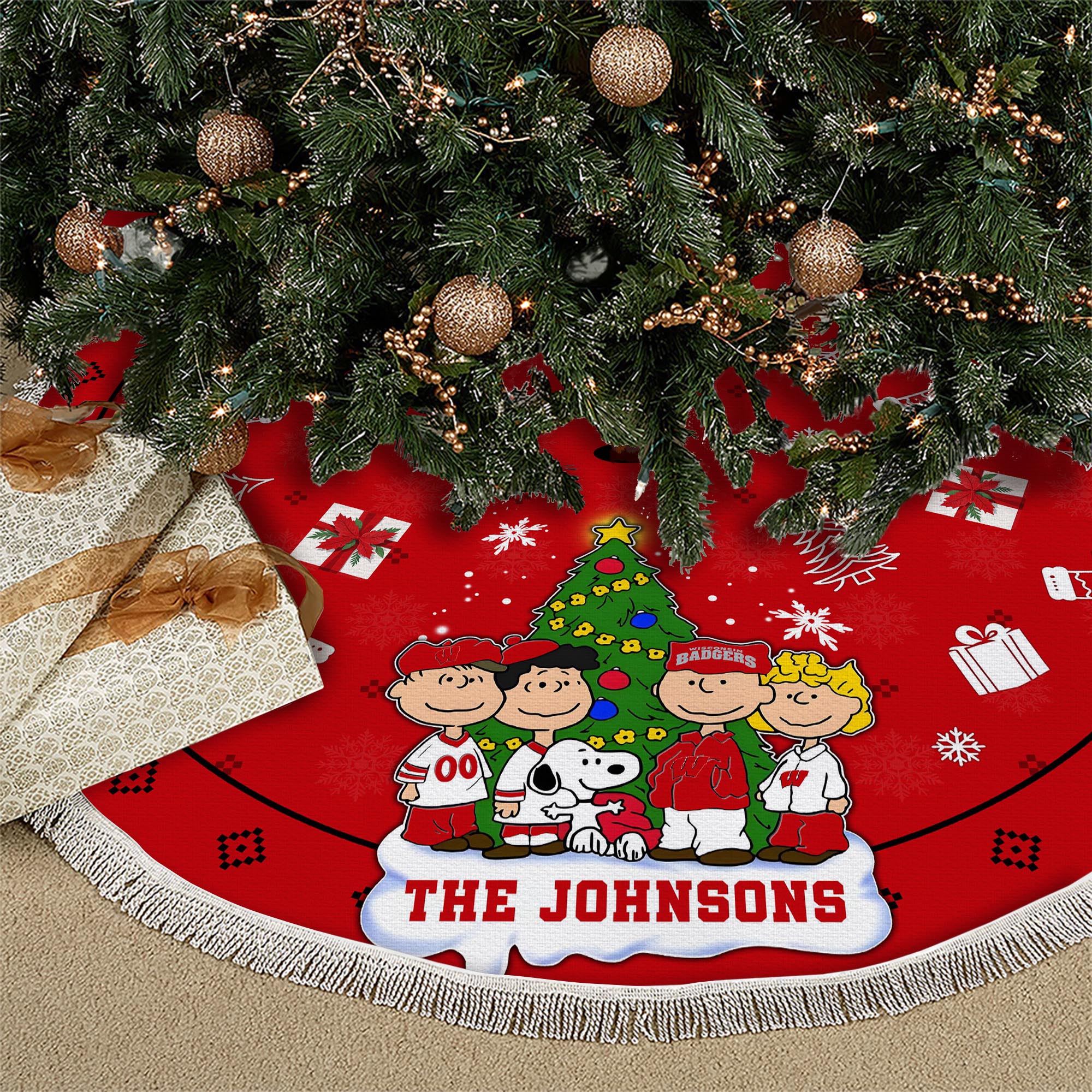 Wisconsin Badgers Tree Skirt Bordered Custom Family Name 2024 Version, Christmas Tree Skirt For Sport Fans, Christmas Decorations EHIVM-62777