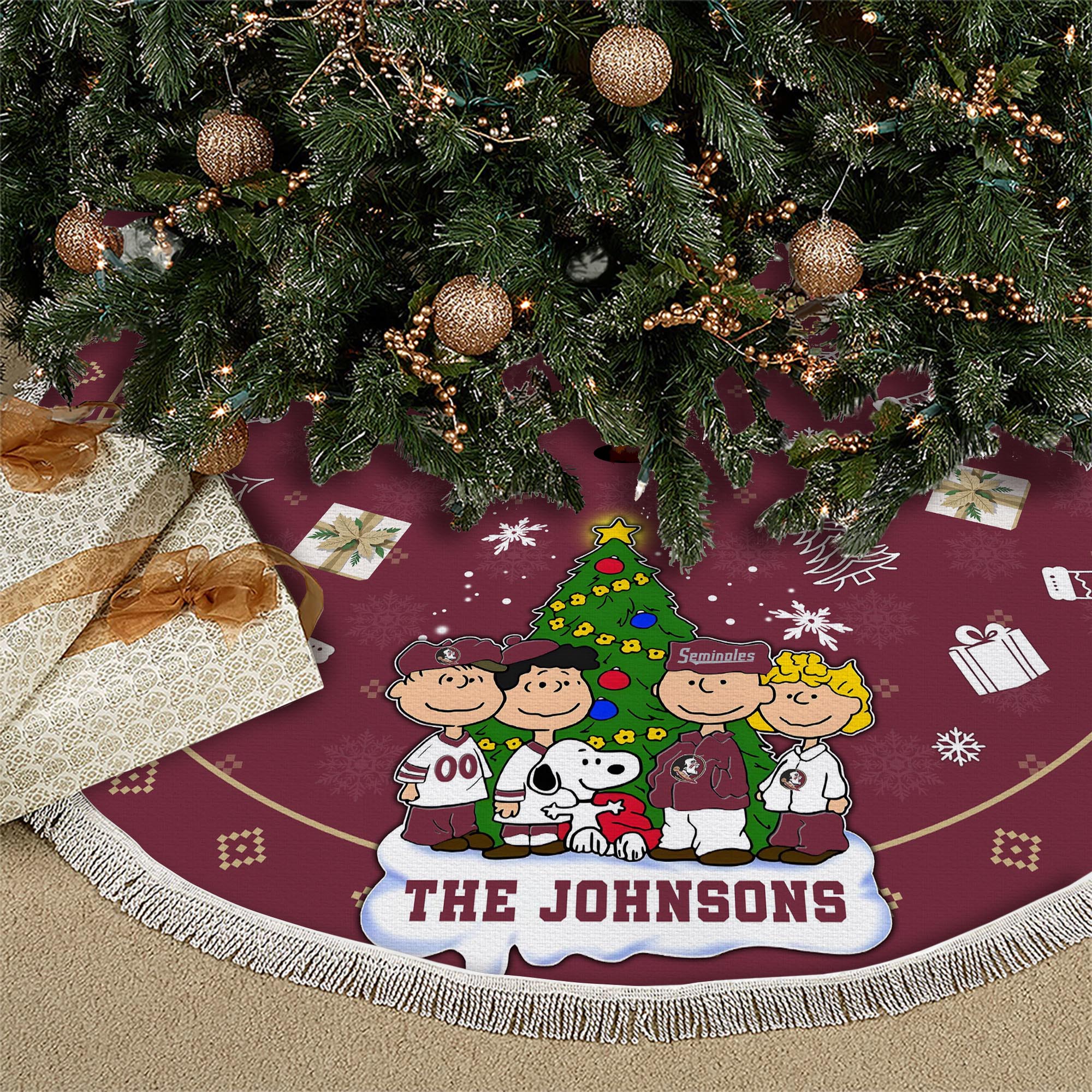 Florida State Seminoles Tree Skirt Bordered Custom Family Name 2024 Version, Christmas Tree Skirt For Sport Fans, Christmas Decorations EHIVM-62777