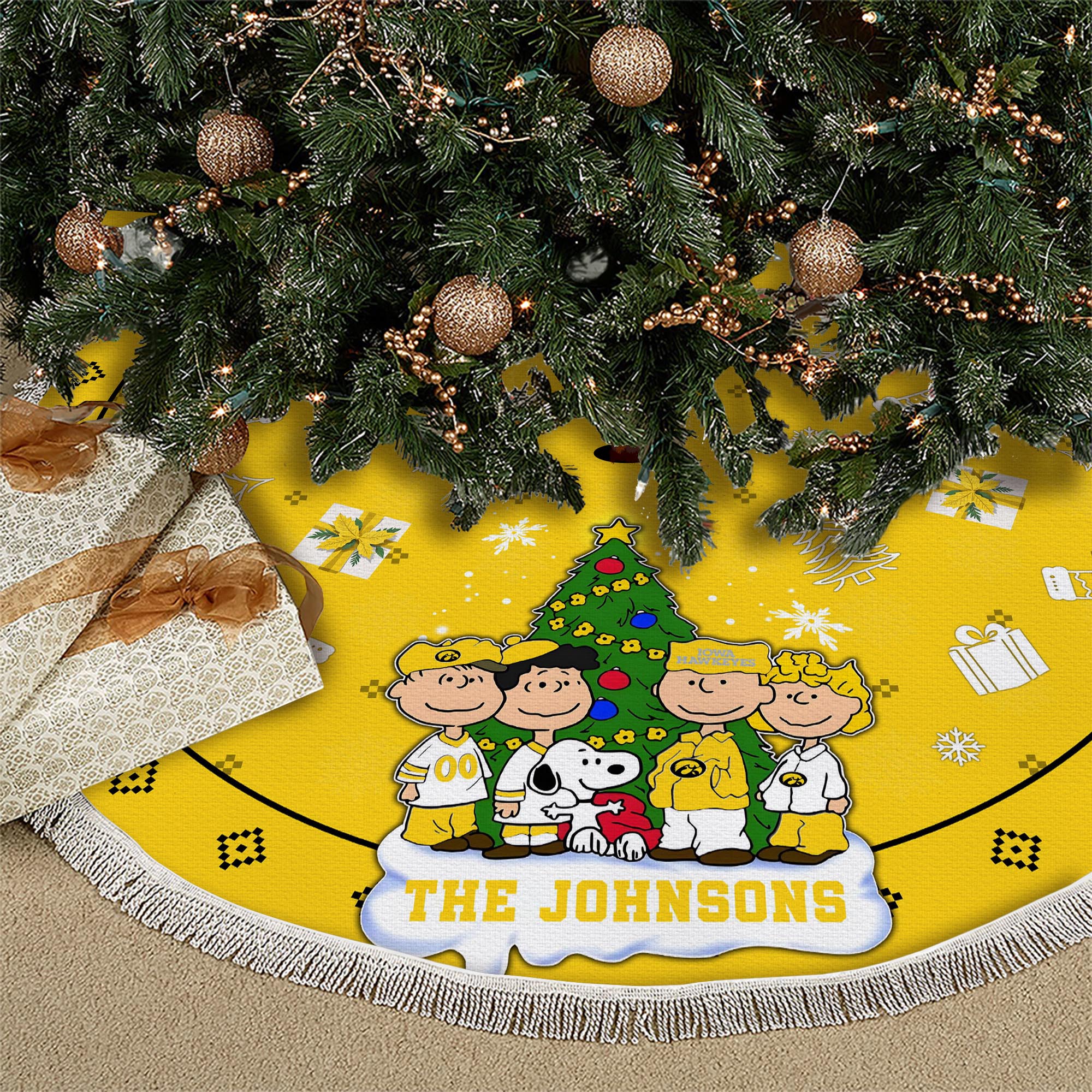 Iowa Hawkeyes Tree Skirt Bordered Custom Family Name 2024 Version, Christmas Tree Skirt For Sport Fans, Christmas Decorations EHIVM-62777