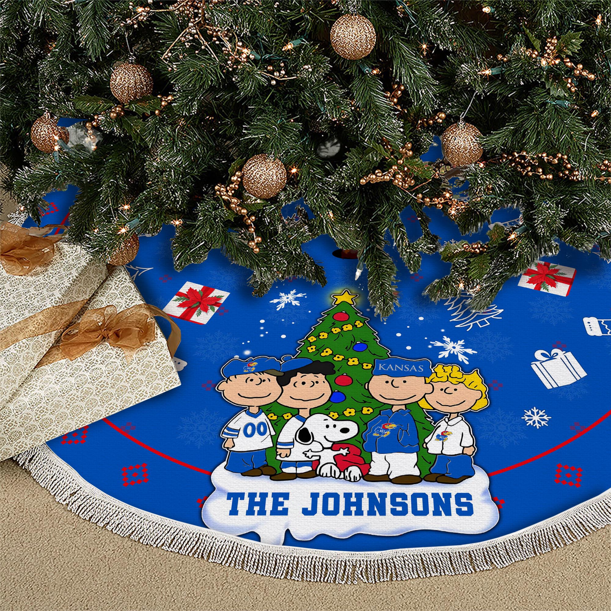 Kansas Jayhawks Tree Skirt Bordered Custom Family Name 2024 Version, Christmas Tree Skirt For Sport Fans, Christmas Decorations EHIVM-62777