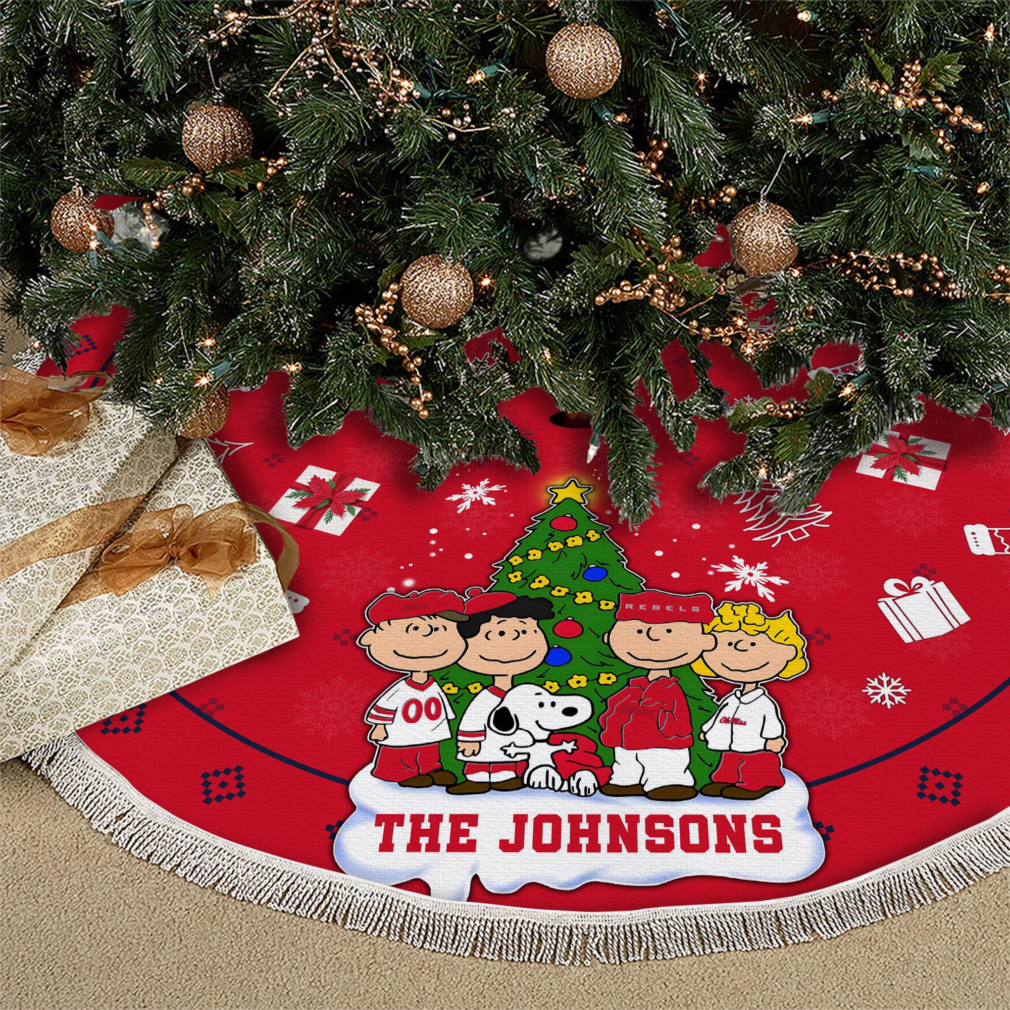 Ole Miss Rebels Tree Skirt Bordered Custom Family Name 2024 Version, Christmas Tree Skirt For Sport Fans, Christmas Decorations EHIVM-62777