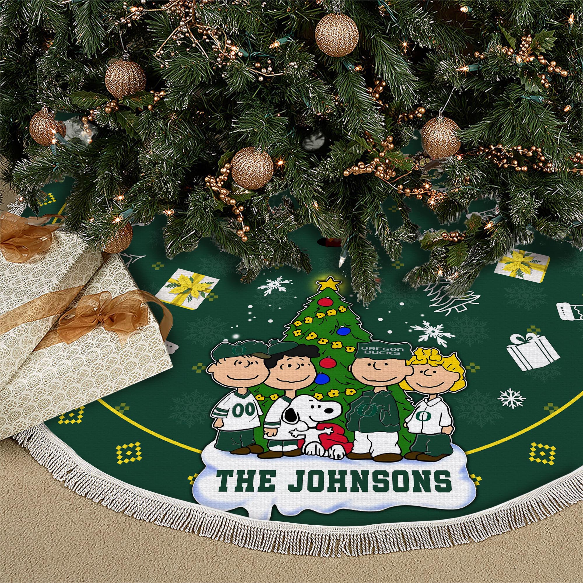 Oregon Ducks Tree Skirt Bordered Custom Family Name 2024 Version, Christmas Tree Skirt For Sport Fans, Christmas Decorations EHIVM-62777