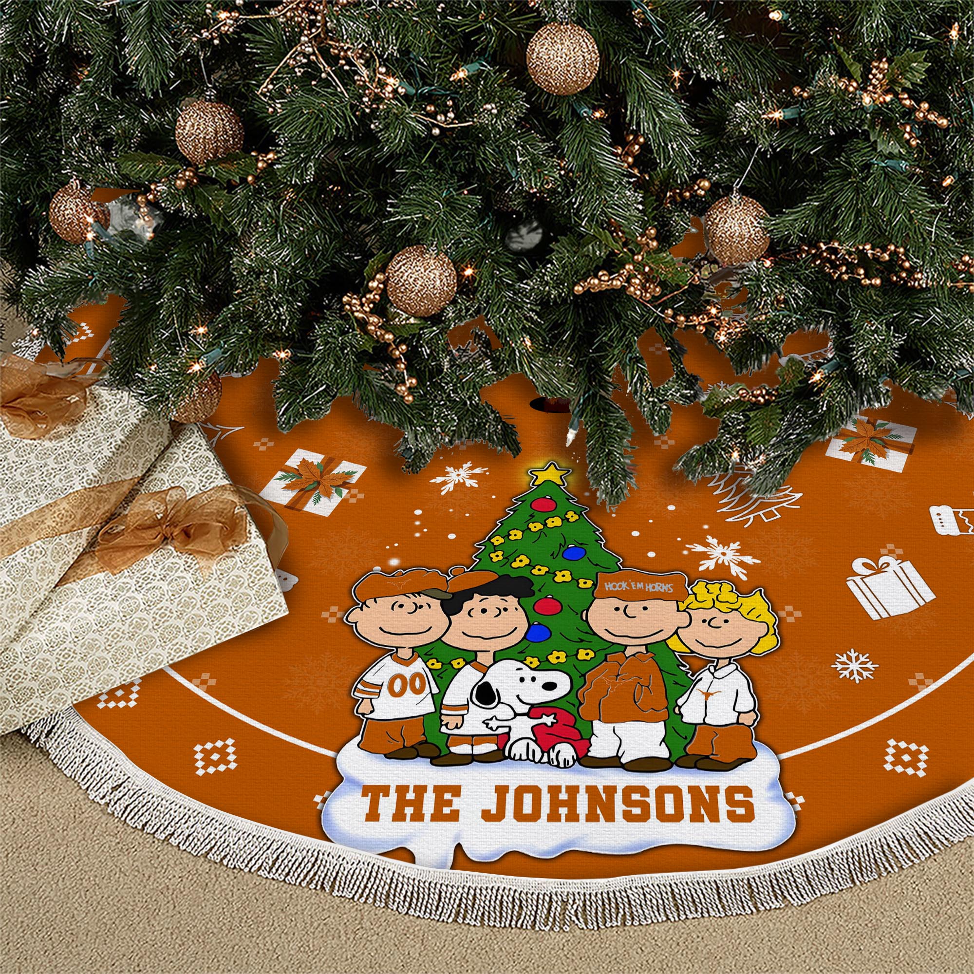 Texas Longhorns Tree Skirt Bordered Custom Family Name 2024 Version, Christmas Tree Skirt For Sport Fans, Christmas Decorations EHIVM-62777