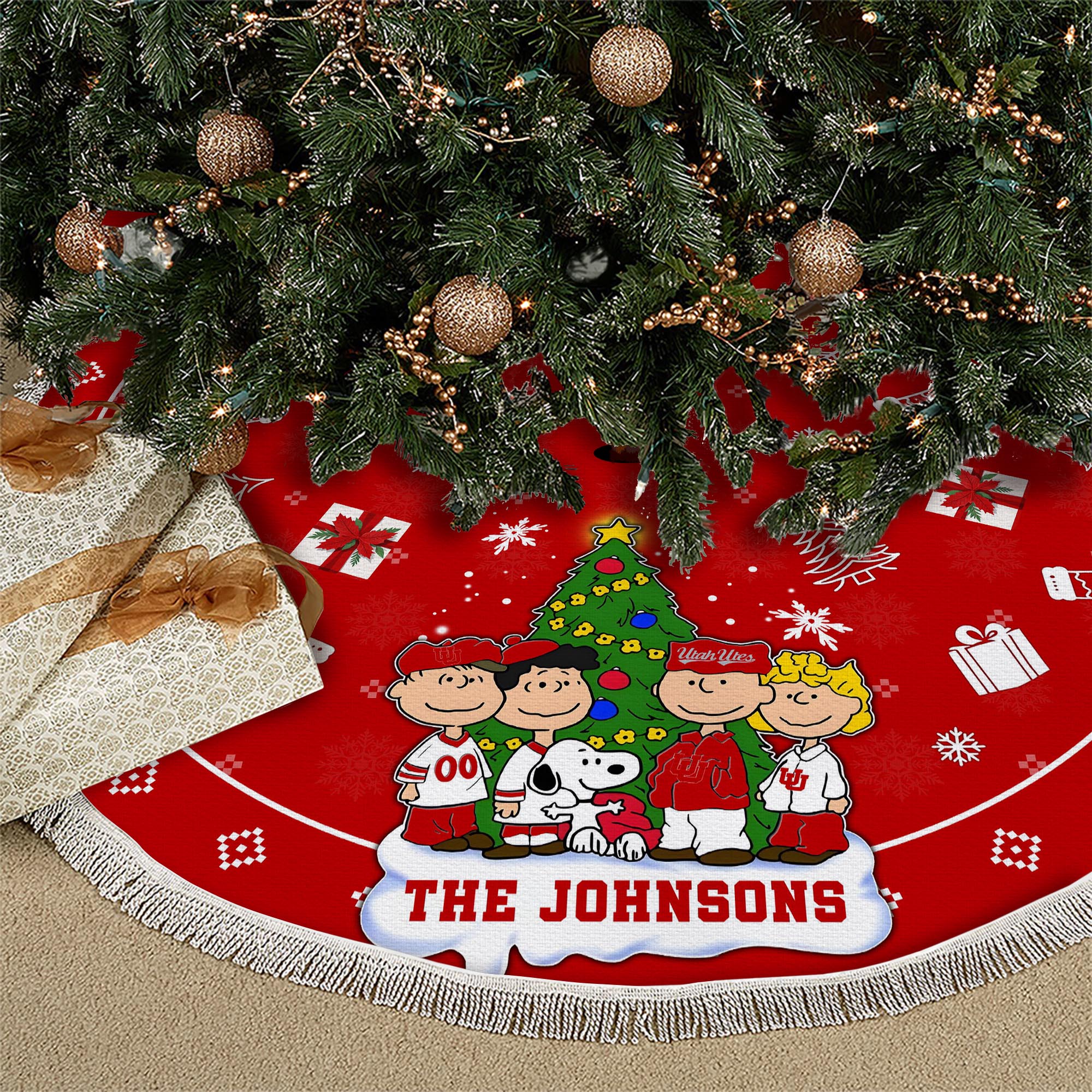 Utah Utes Tree Skirt Bordered Custom Family Name 2024 Version, Christmas Tree Skirt For Sport Fans, Christmas Decorations EHIVM-62777