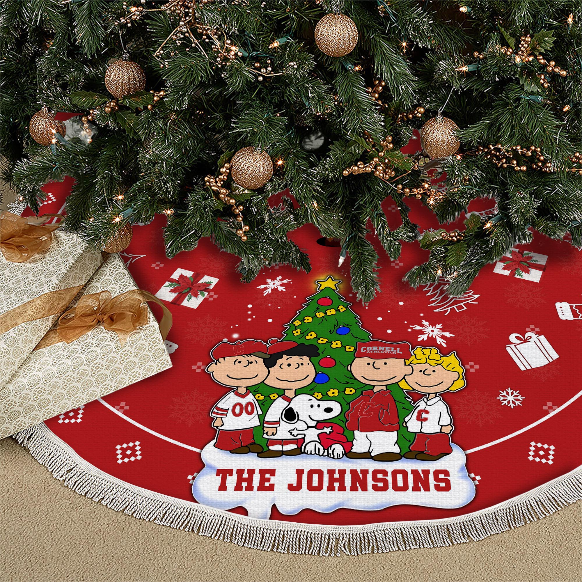 Cornell Big Red Tree Skirt Bordered Custom Family Name 2024 Version, Christmas Tree Skirt For Sport Fans, Christmas Decorations EHIVM-62777