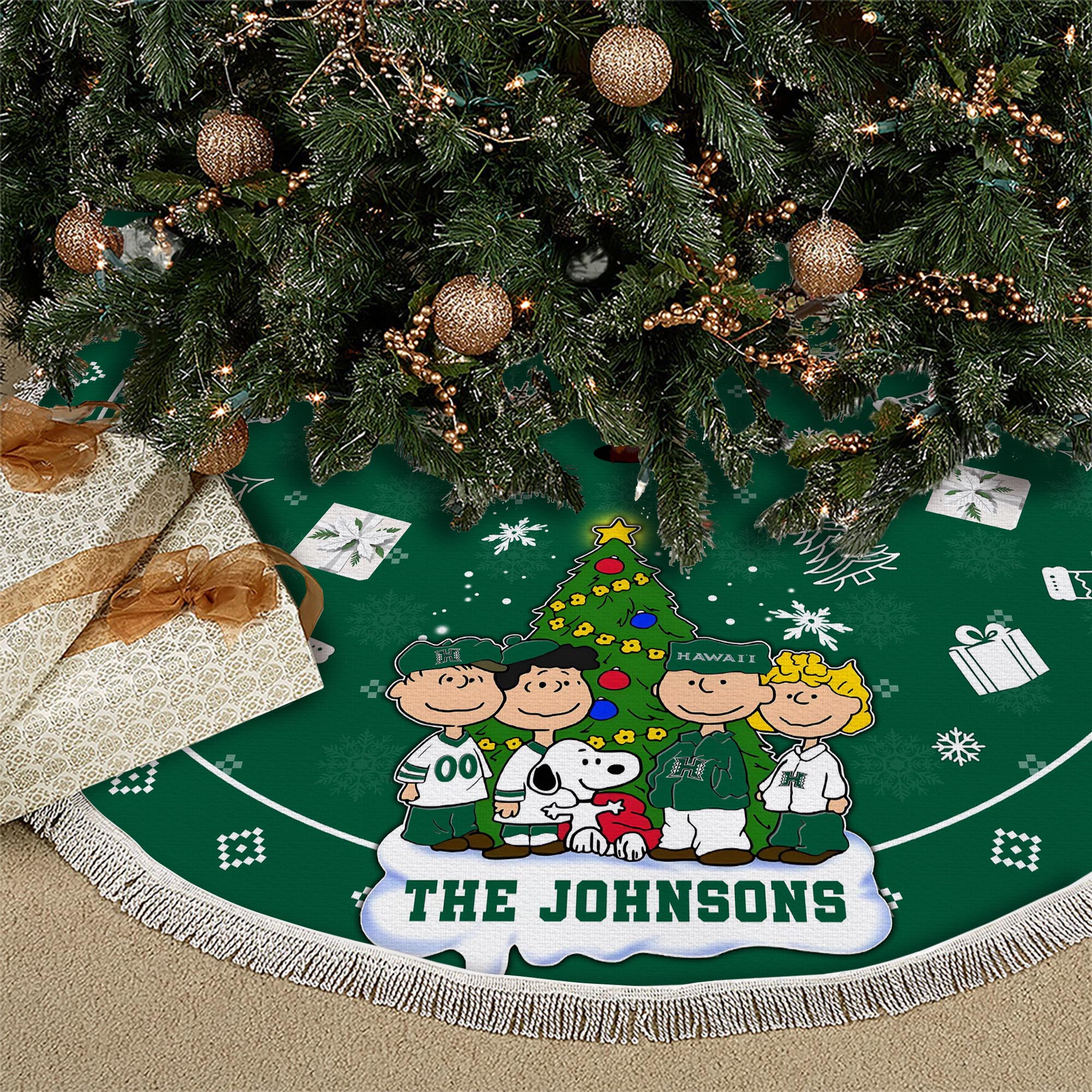 Hawaii Rainbow Warriors Tree Skirt Bordered Custom Family Name 2024 Version, Christmas Tree Skirt For Sport Fans, Christmas Decorations EHIVM-62777