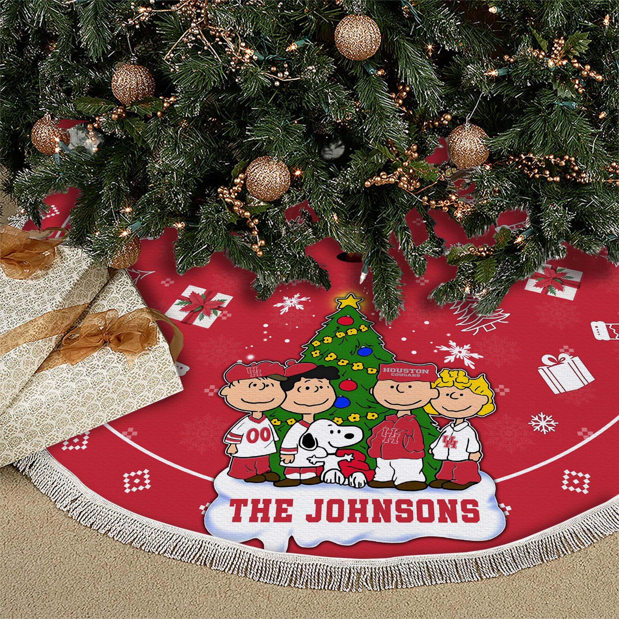 Houston Cougars Tree Skirt Bordered Custom Family Name 2024 Version, Christmas Tree Skirt For Sport Fans, Christmas Decorations EHIVM-62777